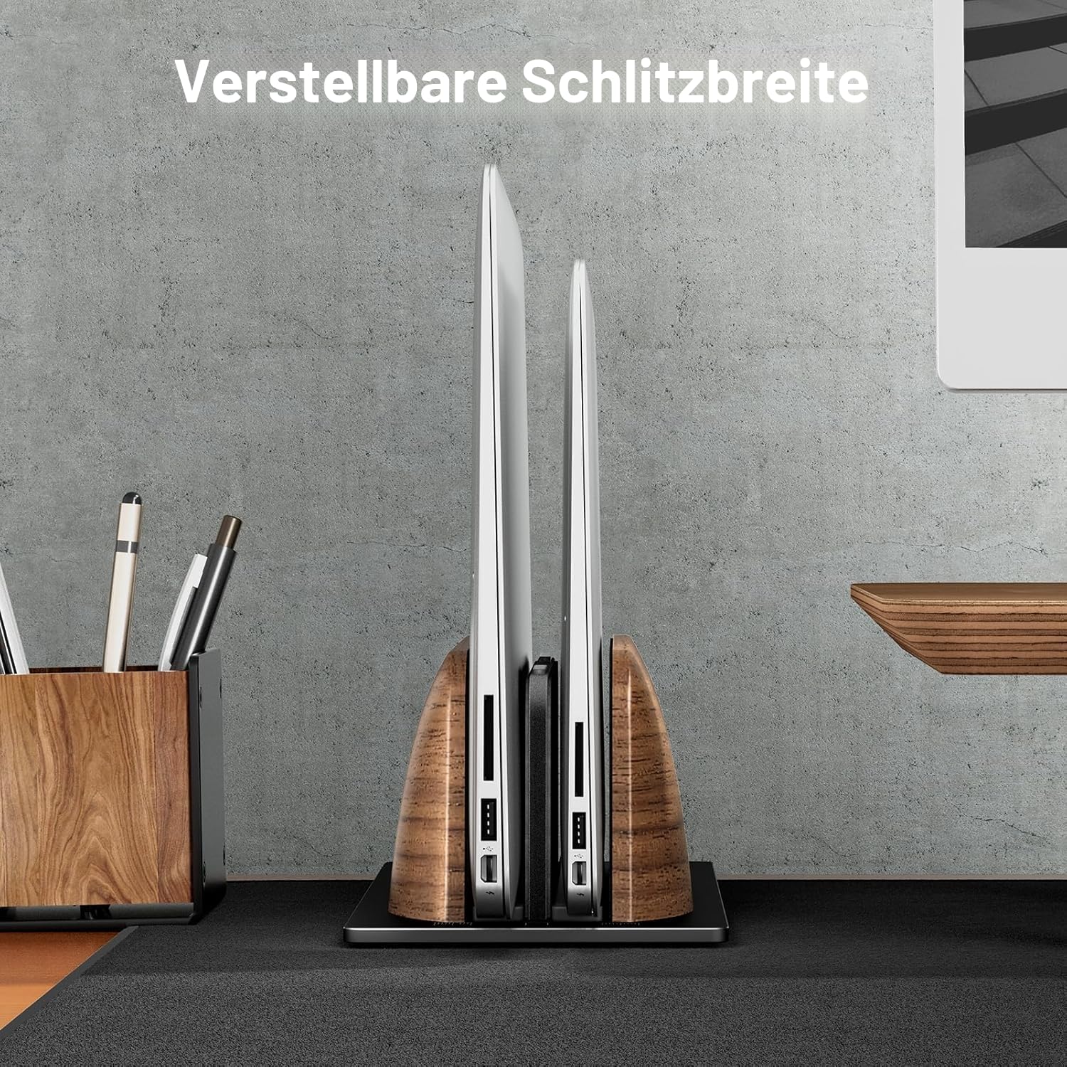 Vertikaler Laptop Ständer, Dual Slot Walnussholz Laptop Stand für Schreibtisch, Breite verstellbar Halterung für MacBook und andere Notebooks