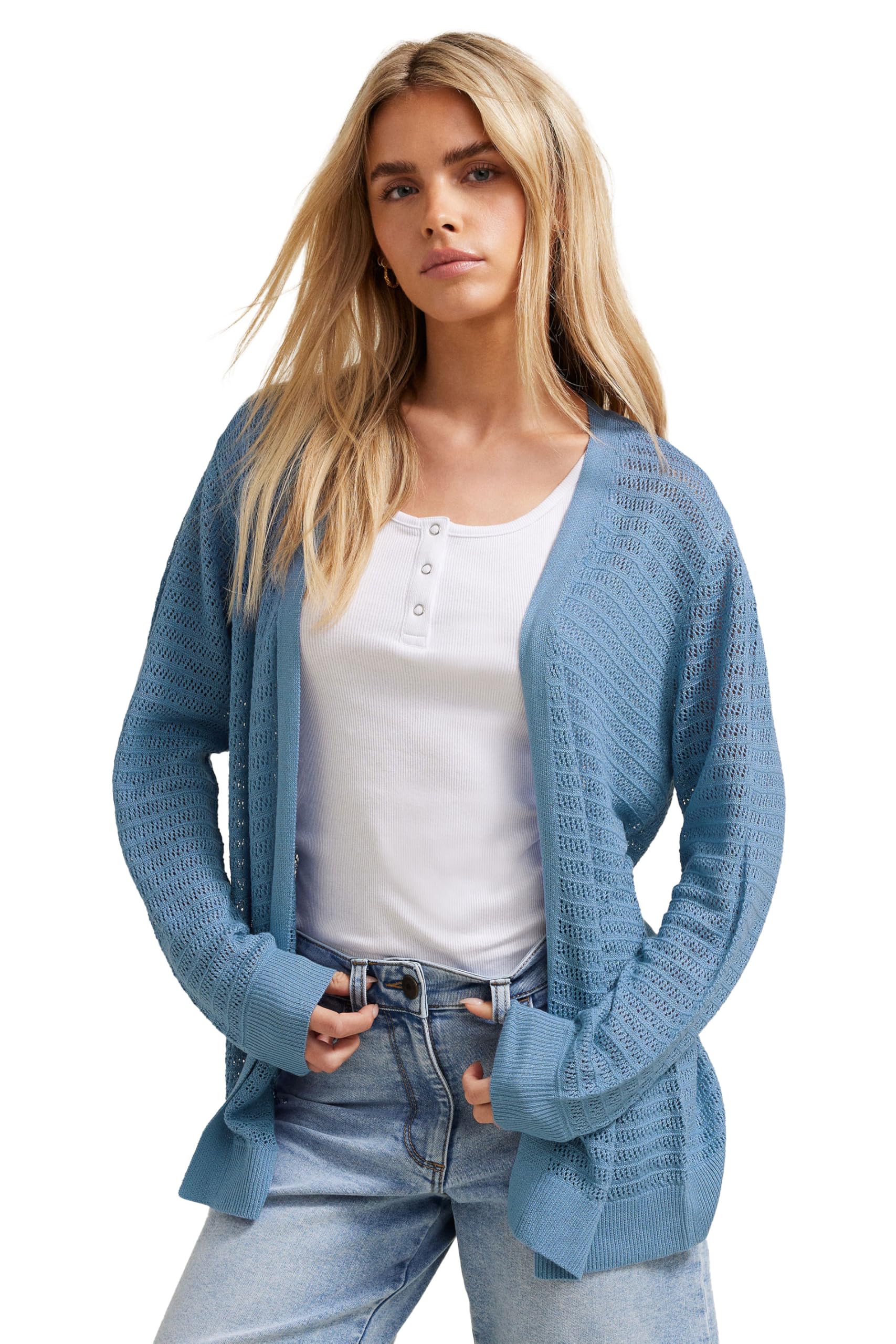 Women's Blue M&Co Petites M&Co Petite Pointelle Detail Cardigan Size 12-14