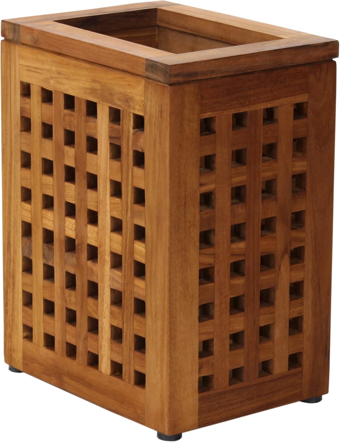Teak Wood Lattice Waste Basket with Rubber Feet