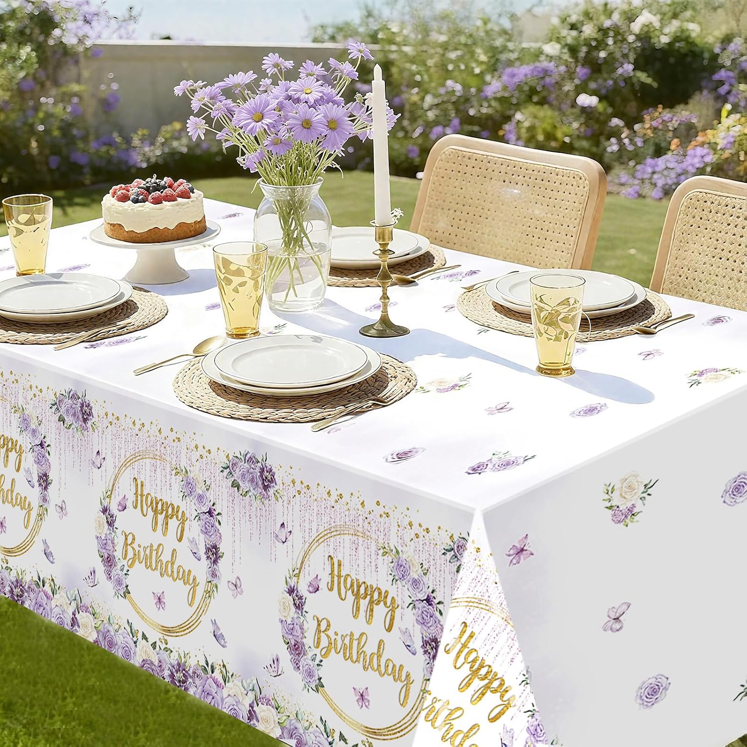 MEHOFOND 3pcs Purple Happy Birthday Tablecloths for Girls, 108x54“ Pastel Violet Floral Dripping Glitter Bday Disposable Table Cover,Spring Flowers Butterfly Plastic Table Cloth Party Decorations