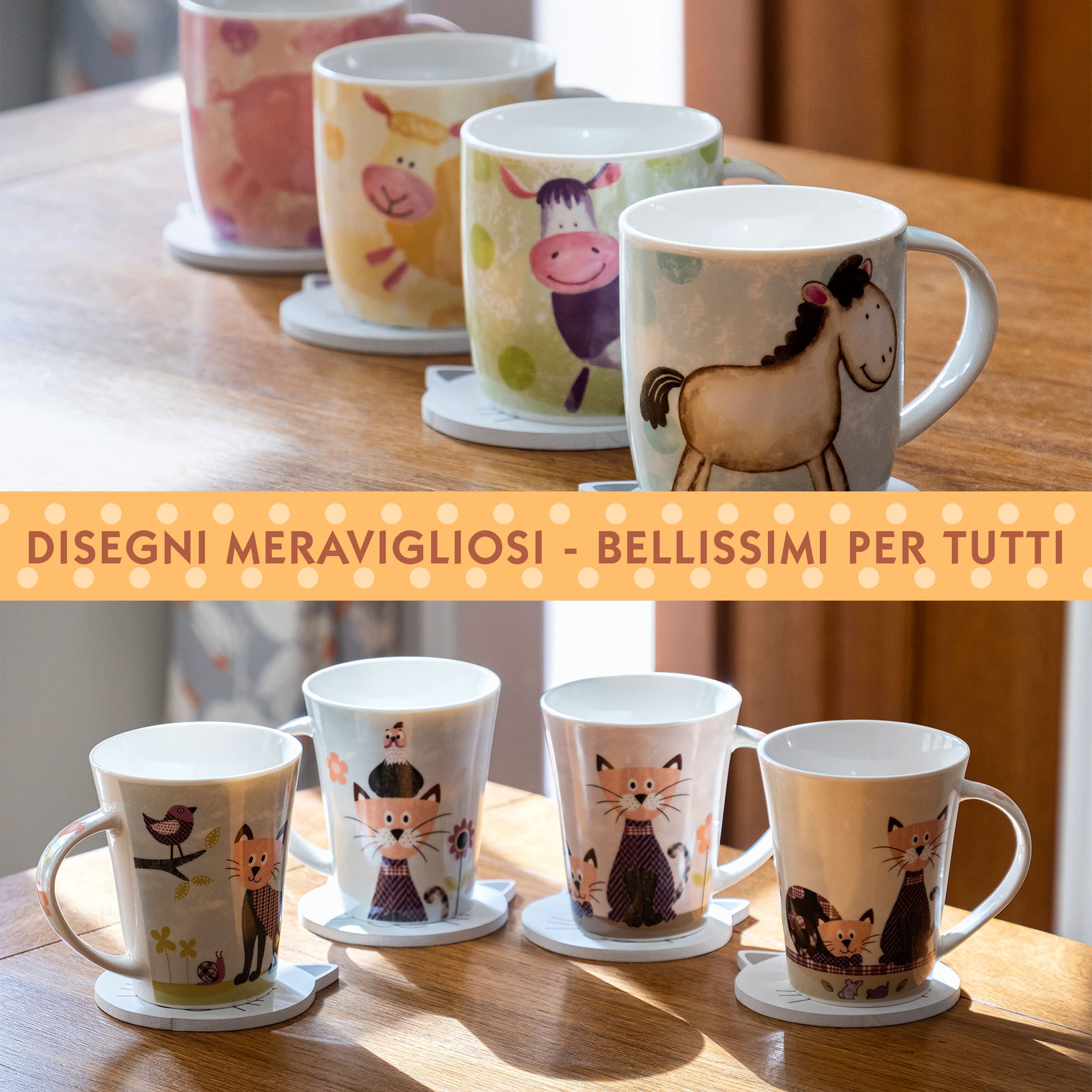 SPOTTED DOG GIFT COMPANY Set di 4 Tazze da Caffè in Ceramica 350 ml per Caffè e Tè, Tazze con Animali da Fattoria, Pecora Mucca Cavallo e Maiale, per Adulti e Bambini