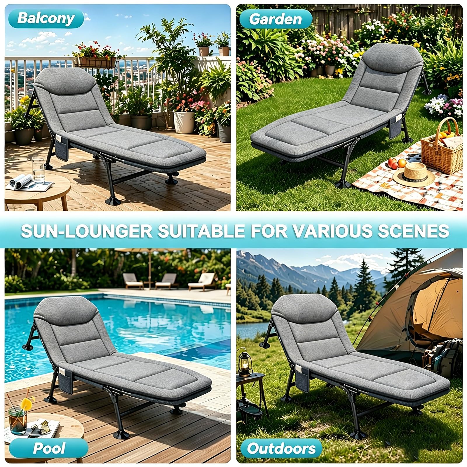 Letto da campeggio pieghevole con cuscino cervicale e tasca laterale, 190 x 65 x 30 cm, portata fino a 150 kg, pieghevole, leggero, scomparto regolabile, pieghevole per giardino, viaggi