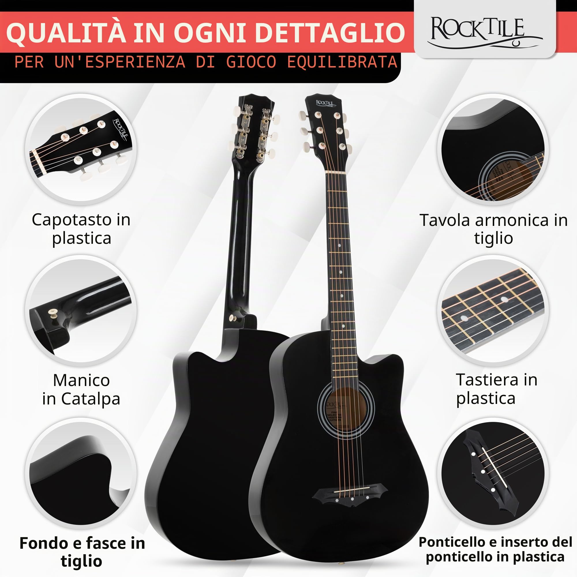 Rocktile WSD-5C-BK Slim Line Set Chitarra Western Nera, Generale, Peso: 1 | Modello: WSD-5C-BK, 4 kg, Lunghezza totale: 95 cm, Numero di corde: 6, Orientamento: Destrimano, Corpo, Top: Tiglio, Manico