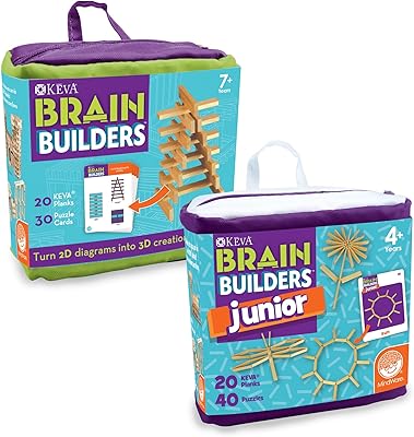 MindWare KEVA Set of 2 Brain Builders Junior & Regular Kits - 3D STEM Challenges for Boys & Girls - 40 Planks & 70 Puzzles Total