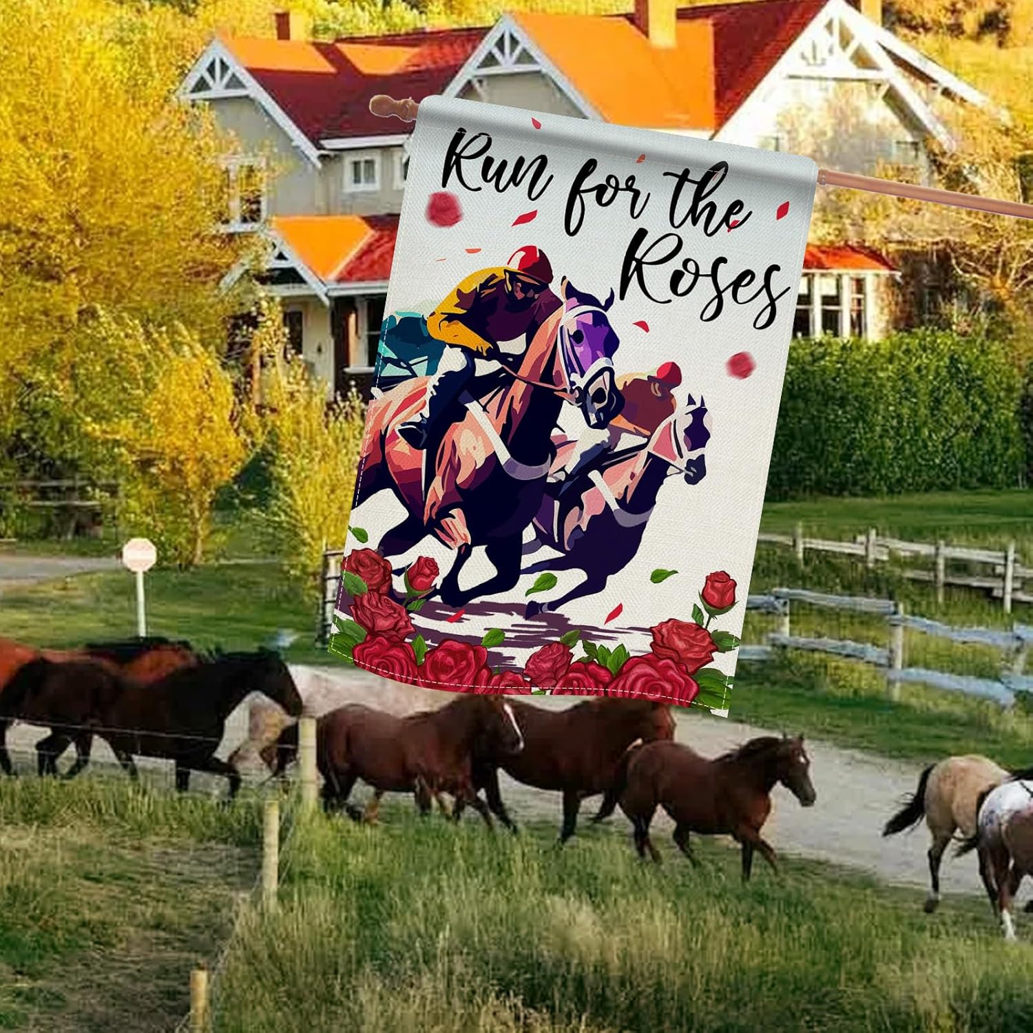 Dyrenson Kentucky Run for The Roses Horse Racing 28 x 40 House Flag Double Sided, Derby Jockey Garden Yard Decorations, Churchill Downs Burlap Outdoor Decor Decorative Large Flag