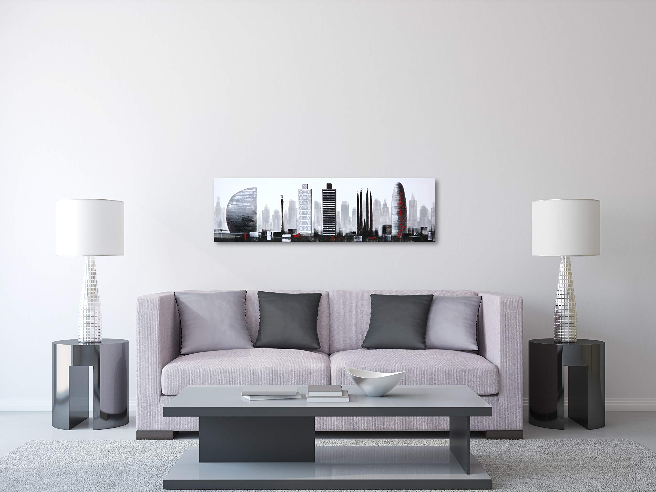 Cuadroexpres - Cuadro Pintado Moderno Ciudad de Barcelona 120x35 cm, Blanco y Negro con Detalles en Rojo. 100% Original, sobre Lienzo. Decoración para Sala de Estar