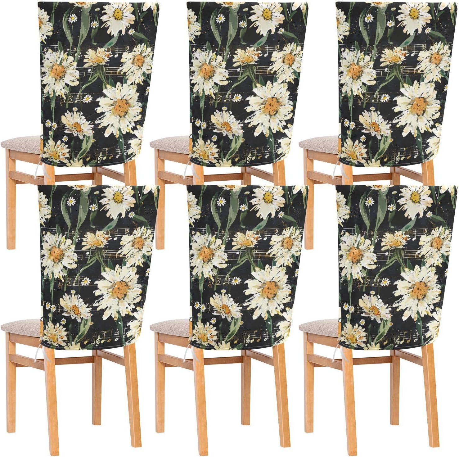 ALAZA Daisy Flowers Music Notes Black Chair Back Cover Set of 6, Washable Reusable Removable Chair Slipcovers Decorative Chair Cover for Home Kitchen Wedding Party