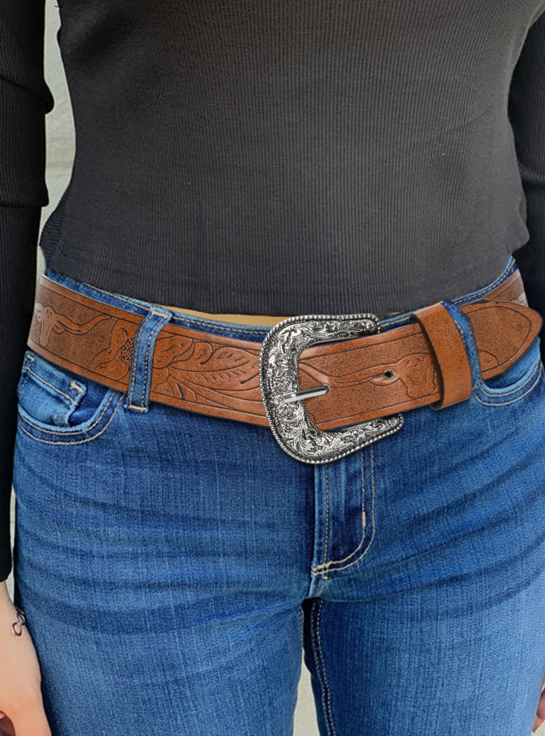 INOGIH Adjustable-Vintage-Western-Cowboy-Belt Women Men - Cowboy-Style Engraved-Buckle Belt for Jeans Pants Dresses