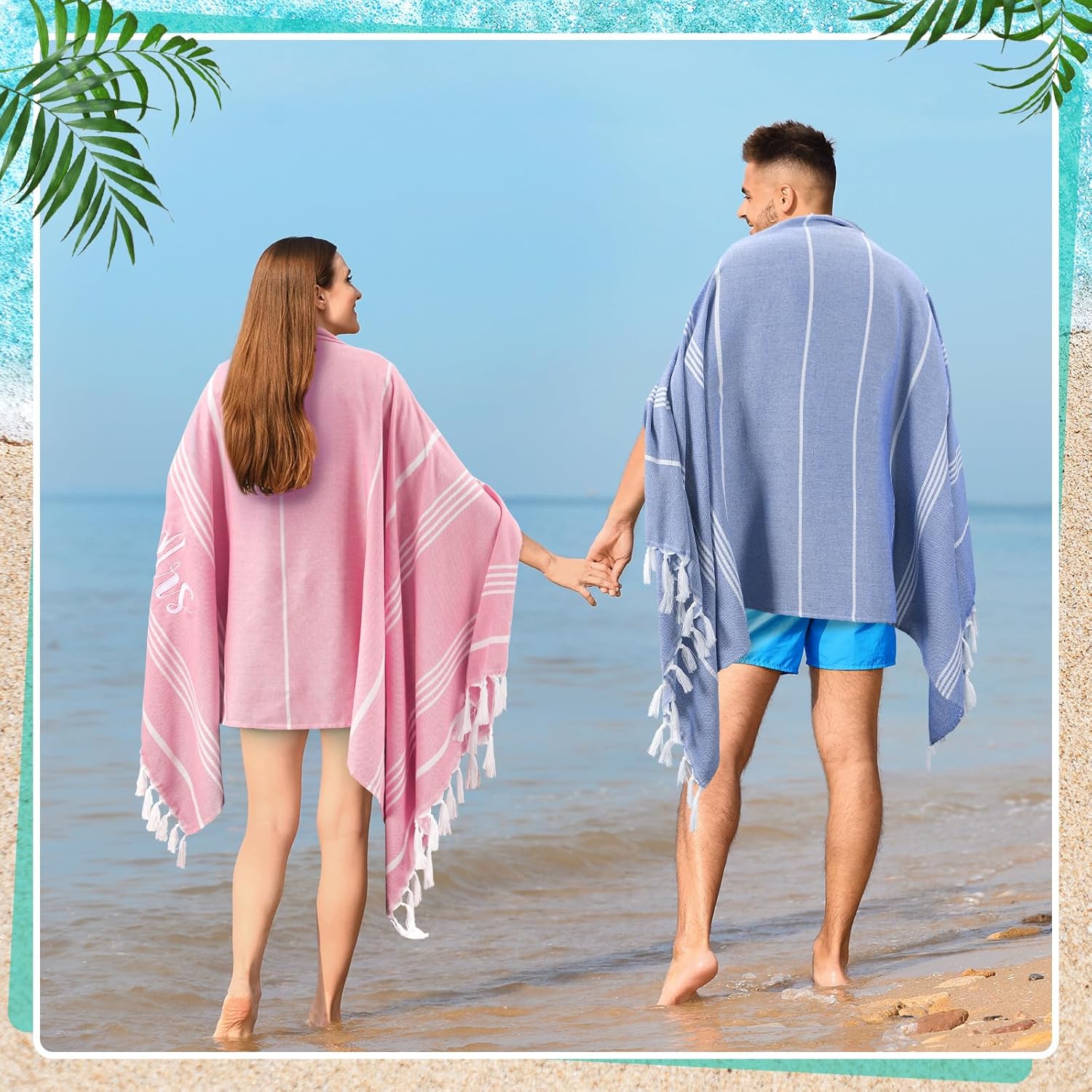 Preboun 2 Pcs Mr and Mrs Turkish Beach Towels Wedding Embroidery Bathroom Hand Towels Decorative Stripe Turkish Honeymoon Newlywed Couple Wedding Gift 71 * 39 Inch(Blue, Pink) - Image 6