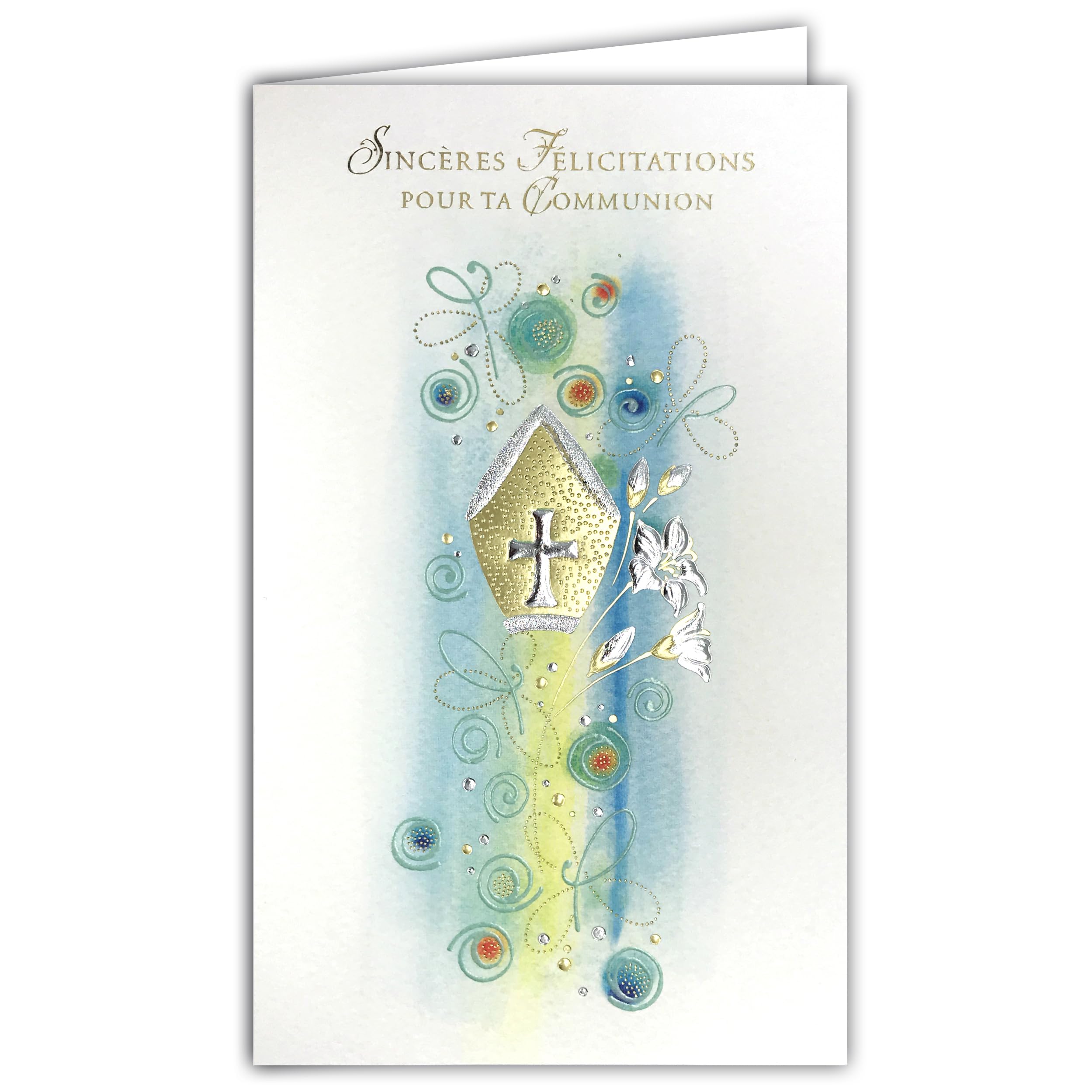 19-623 Gold and Silver Congratulations SINCERES Card with White Envelope 19.5 x 12 cm for Boy Girl Communiant Christian Cross Catholic Mitre Bishop Flowers