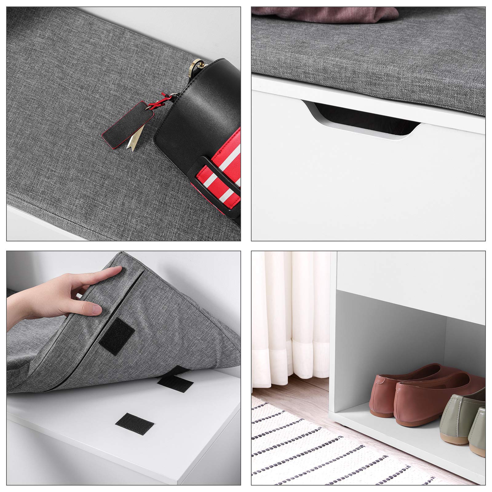 VASAGLE Panca Scarpiera, Panca Contenitore a 2 Scomparti Aperti e 1 Chiuso, Scaffale Portascarpe, Seduta Imbottita, per Ingresso Corridoio Camera da Letto, Bianco LHS21WT, 100 L x 48 H cm