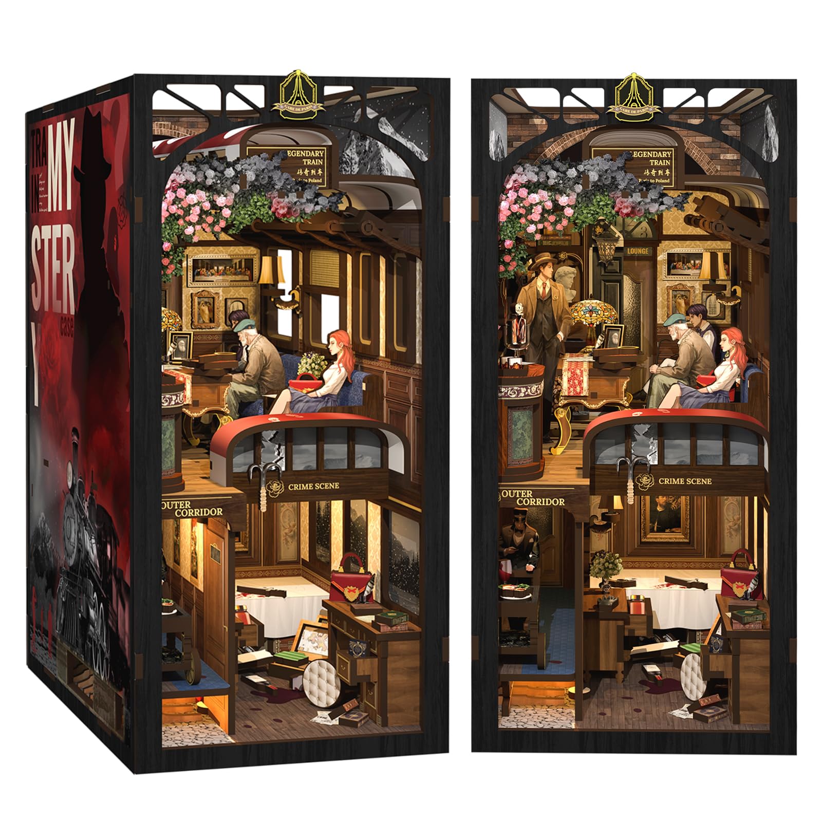 CUTEBEE DIY Book Nook Kit for Adults Teens, DIY Dollhouse Miniature Detective House Kit, Bookshelf Insert Decor Booknook Bookcase Model Build Gift Kit Alley with LED Light (Train Mystery Case)