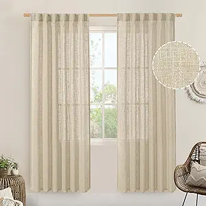 LAMIT Light Filtering Linen Curtains 80 inches Long for Bedroom, Faux Linen Textured Semi Sheer Back Tab and Rod Pocket Burlap Boho Modern Drapes for Living Room/Farmhouse, 2 Panels, 52 x 80 Inch