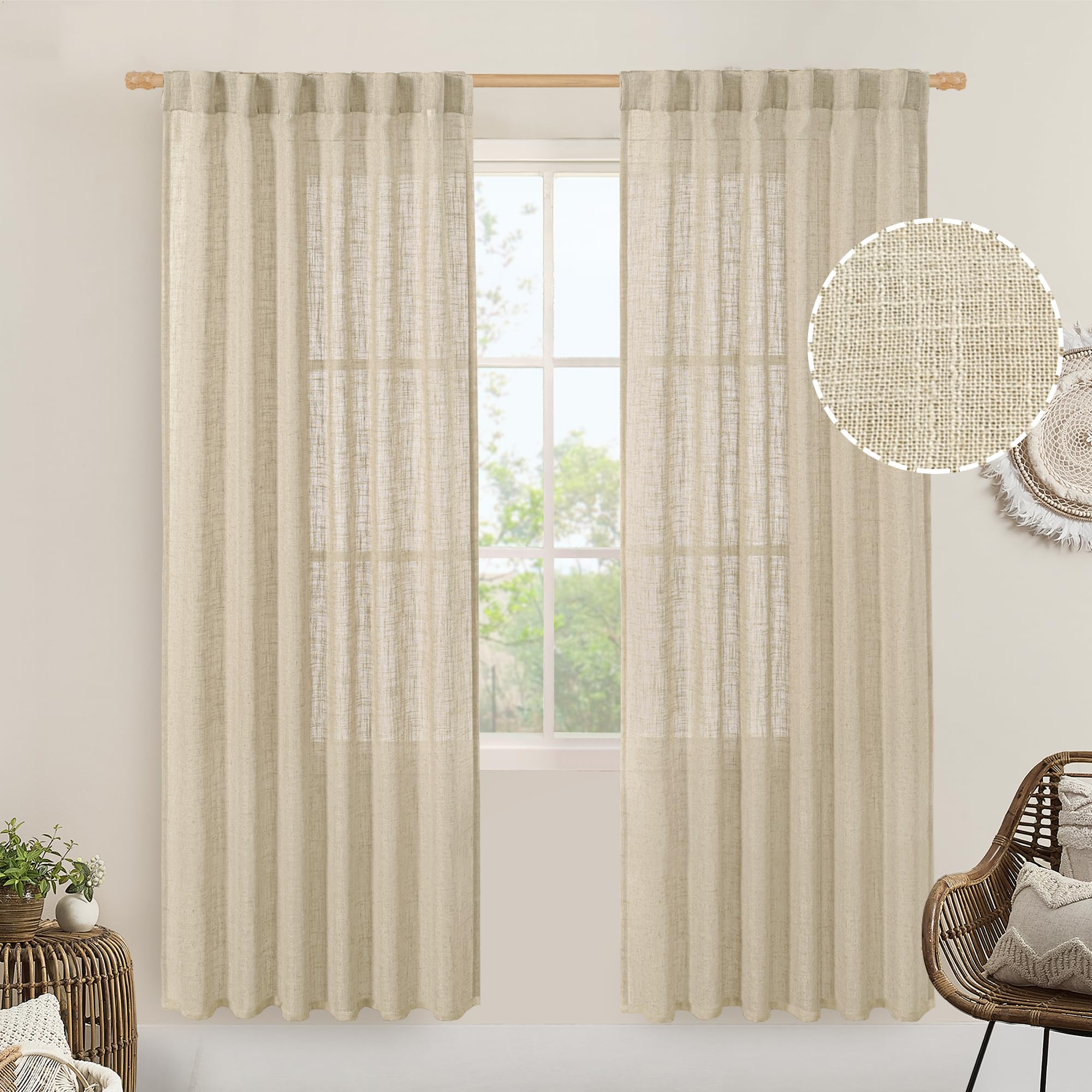 LAMIT Light Filtering Linen Curtains 80 inches Long for Bedroom, Faux Linen Textured Semi Sheer Back Tab and Rod Pocket Burlap Boho Modern Drapes for