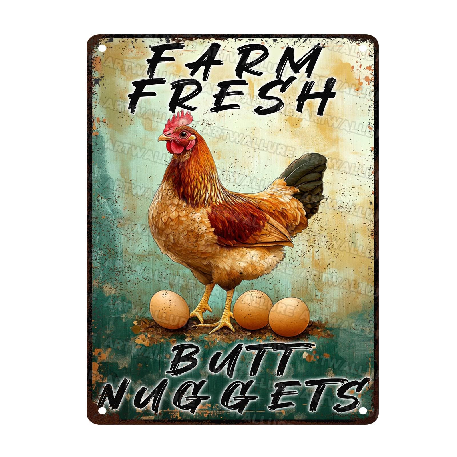 Retro Chicken Farm Metal Sign Chicken Coop Farm Fresh Butt Nuggets Metal Poster Home Garden Farmhouse Restaurant Garage Aluminium Sign Art Wall Decor 12x16Inch