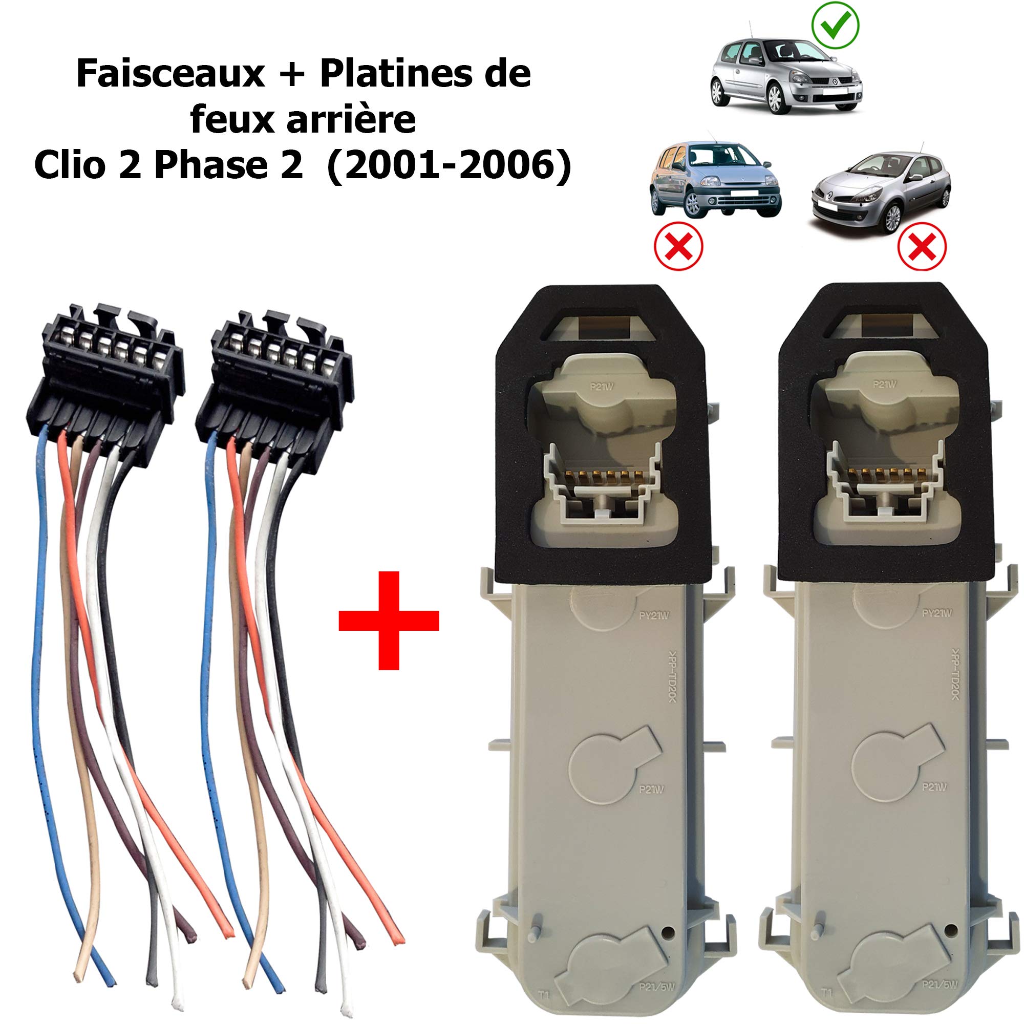 (Lot de 2) Prise Réparation Faisceau Connectique avec Fiche Electrique + Platine pour Feux Arrière Gauche ET Droit compatible avec CLIO II Phase 2 de 2001 à 2006
