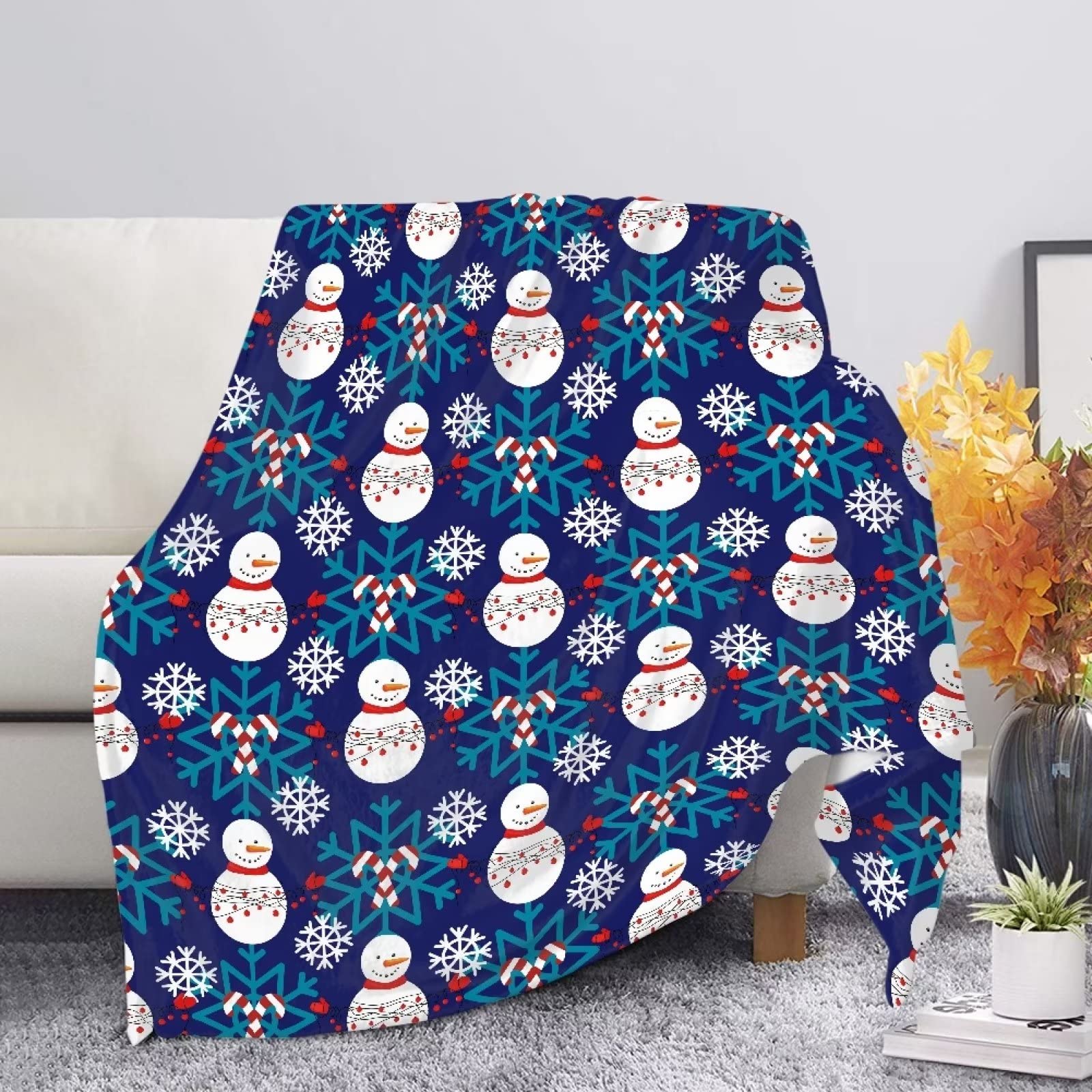 HUGS IDEA All Season Soft Cozy Blankets for Kids Adults Christmas Style Cartoon Xmas Snowman Print Ultra Light Microfiber Fleece Throw Blanket