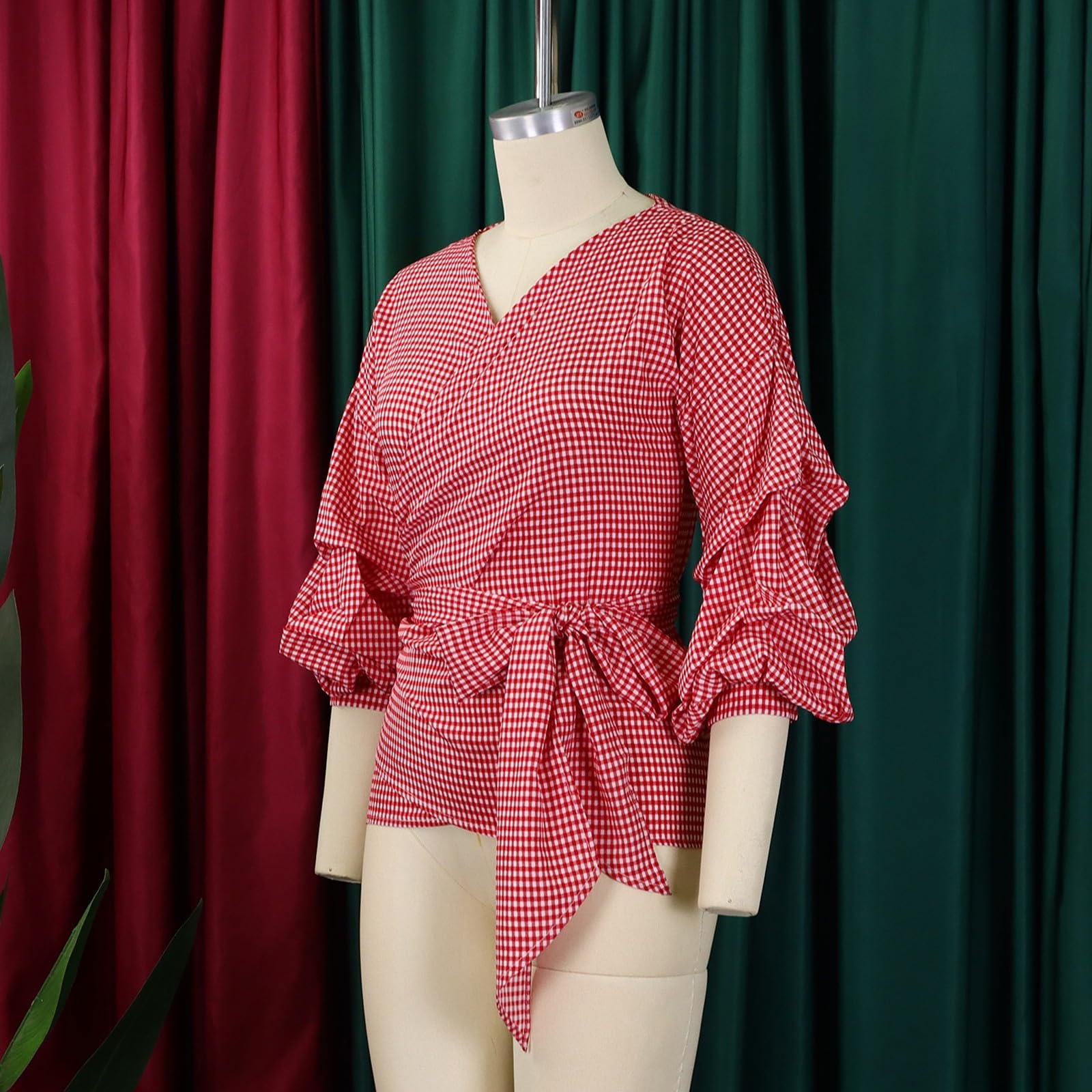 Camisa de Cuadros para Mujer Talla Grande con Cinturón de Lazo Removible y Mangas Abullonadas para Estilo Elegante y Casual