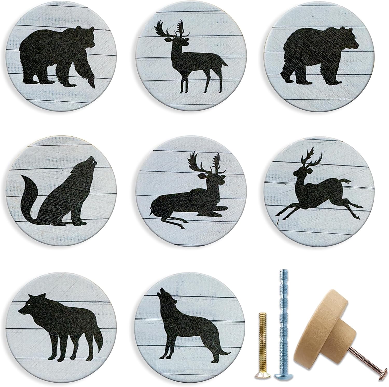 JamJam Set of 8 1.8" Retro Wolf Black Bear Deer Woodland Wildlife Cabinet Pulls Animal Cabinet Handles Dresser Knob for Door Bedroom or Drawer Knobs