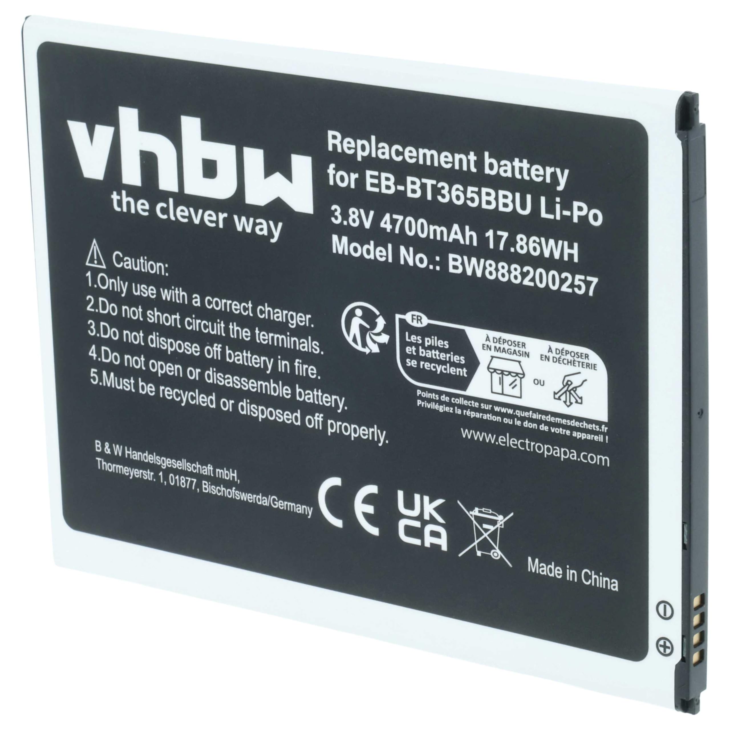 vhbw 1x batería reemplaza Samsung EB-BT365BBU, EB-BT365BBC, EB-BT365BBE, EB-BT365BBUBUS, GH43-04317A para Tablet, Pad (4700 mAh, 3,8 V, Li-Poli)