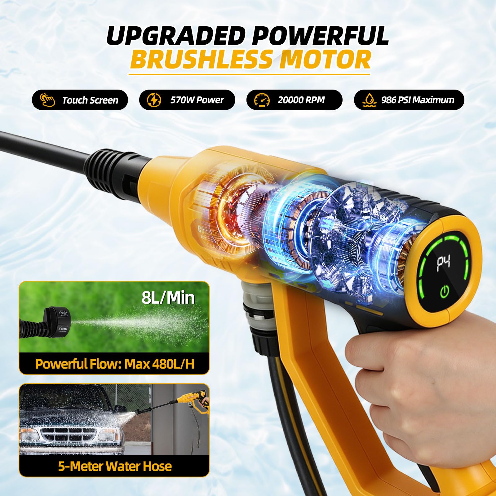 Limpiador de alta presión inalámbrico compatible con Dewalt 20 V, 570 W, limpiador de alta presión de mano sin escobillas, con boquilla 6 en 1, pistola de alta presión de 4 niveles para la limpieza de