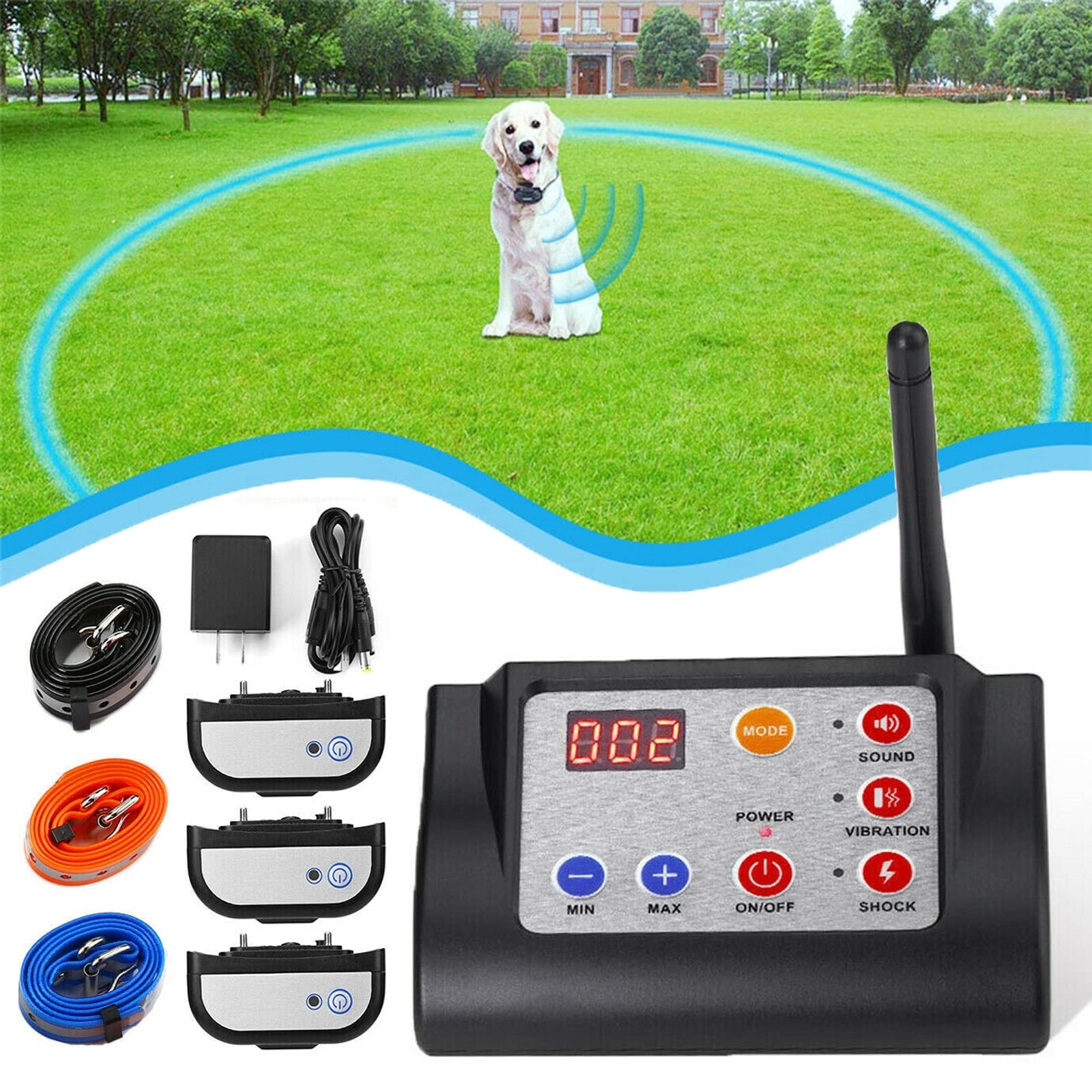 Wireless Dog Fence Electric Training Collar 2-in-1 Safe Effective Vibrate Shock Dog Fence Adjustable Range Pets Dog Containment