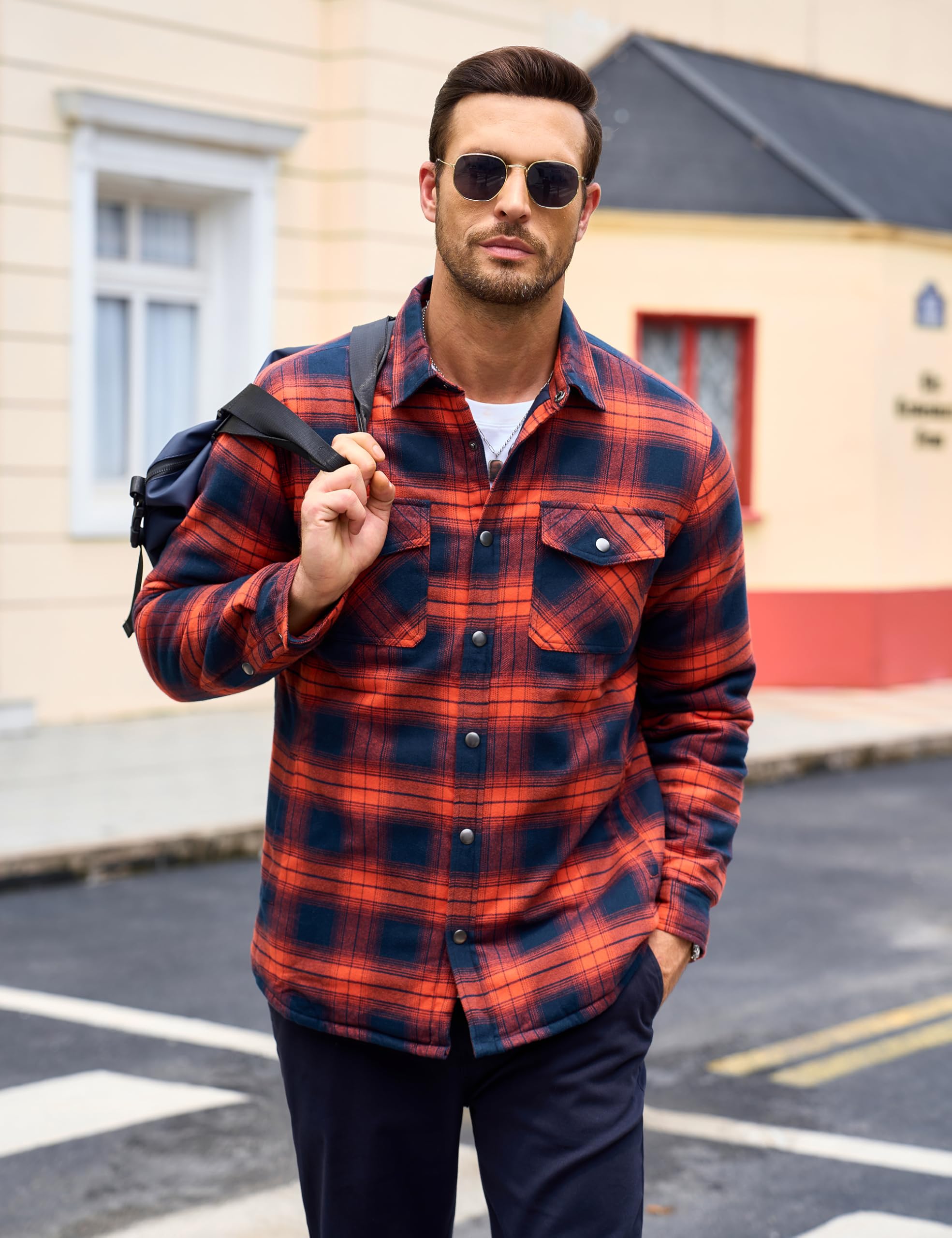 MAGCOMSEN Men's Quilted Flannel Jacket Winter Button Down Thick Casual Long Sleeve Plaid Jackets With 5 Pockets, Orange, L 2