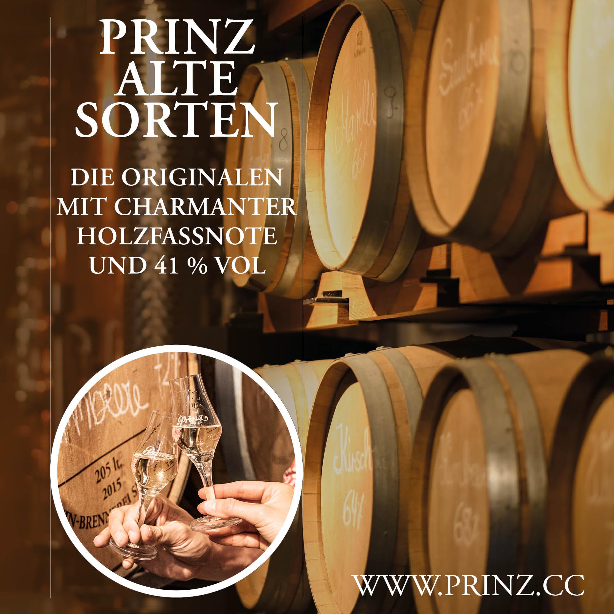 Prinz Geschenkset Alte Sorte Holzfassnote 0,5 l Schnaps 2 Kelche Holzkiste Österreich