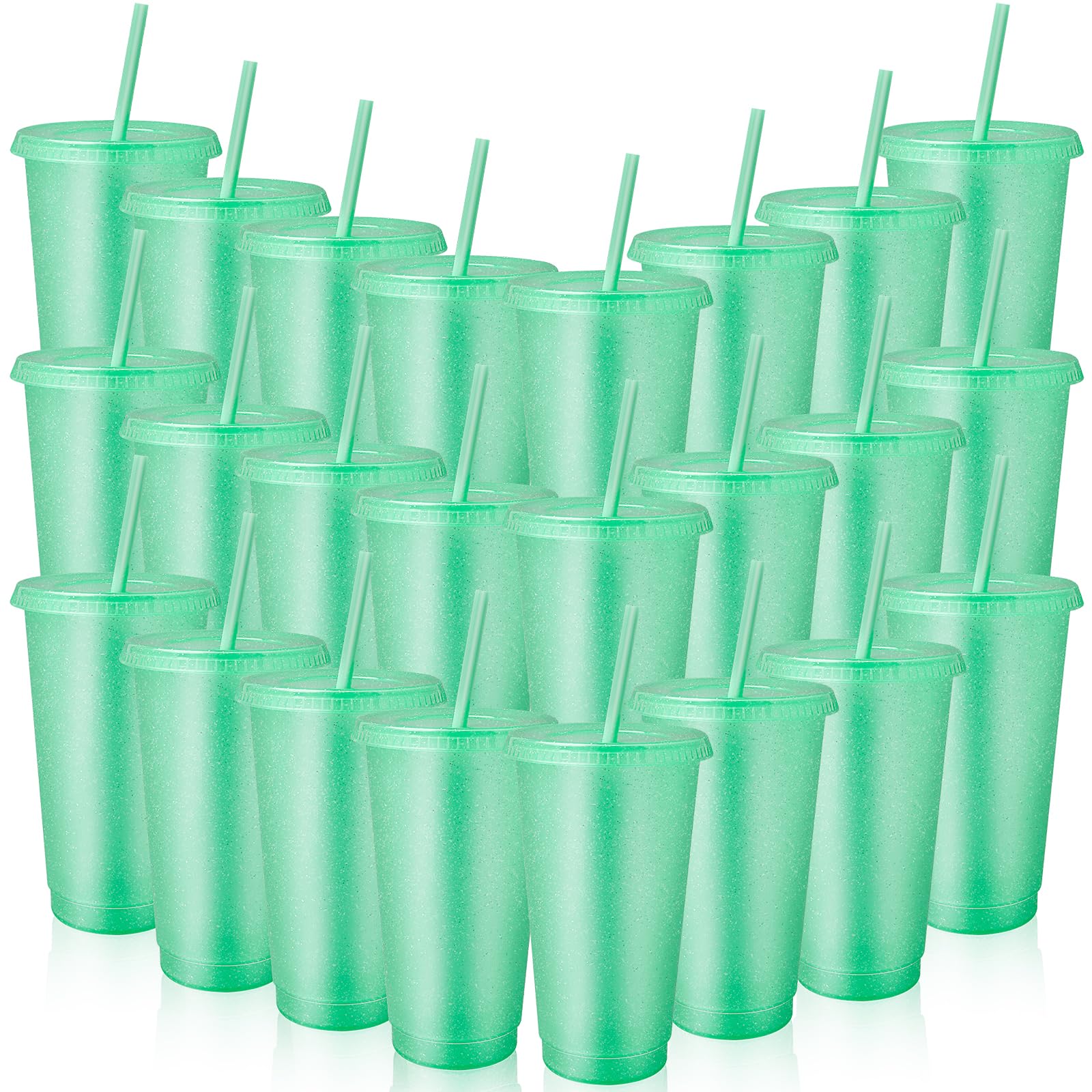 24 bicchieri riutilizzabili con coperchio e cannucce, da 680,4 g, in plastica, da viaggio, per frullati, succhi di frutta, compleanni, pigiama party, forniture per feste (verde chiaro)