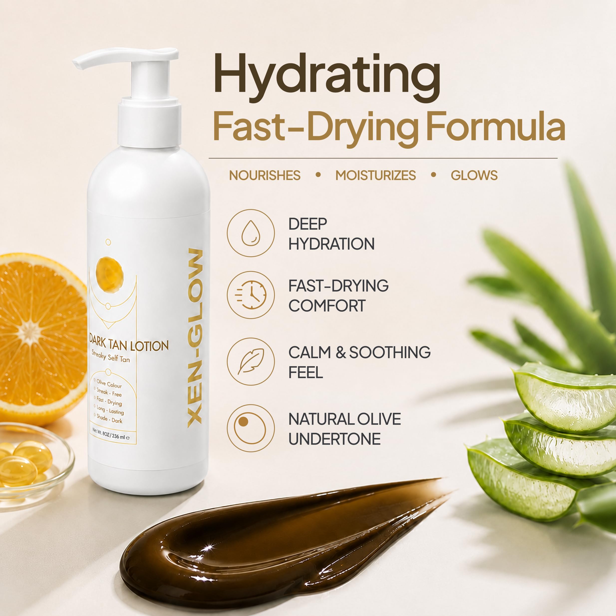 Loción bronceadora oscura para piel de oliva instantánea, secado rápido y duradero, aplicación sin rayas, sin olor a bronceado falso, vitamina E, vitamina C y extracto de aloe, 236 ml