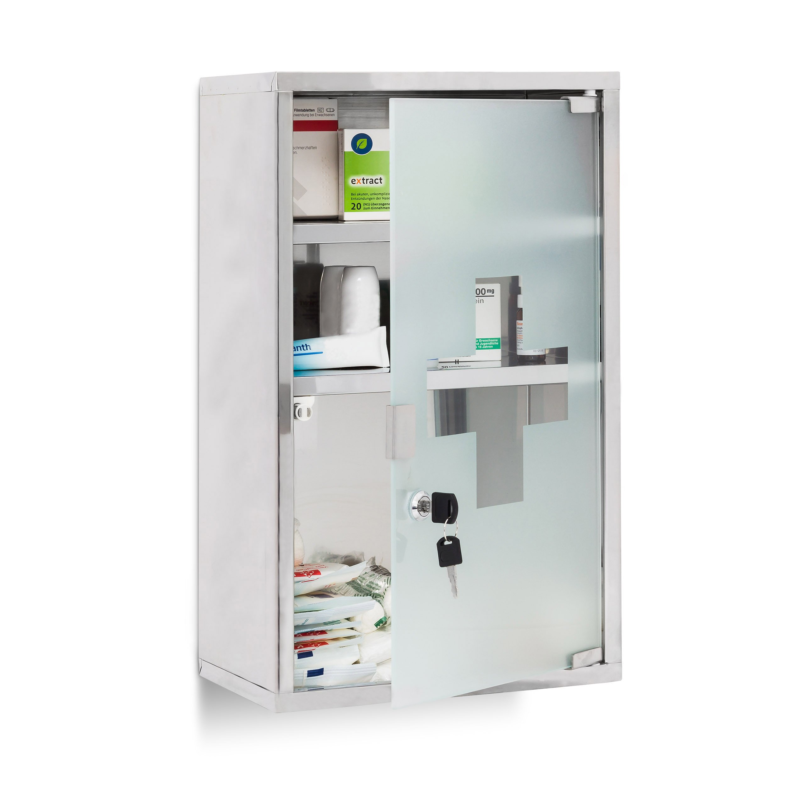 Relaxdays 10019093 Armoire à pharmacie étagère rangement médicaments 3 étages HxlxP : 50,5 x 30 x 18 cm porte en verre clés sécurité enfants Inox, argenté