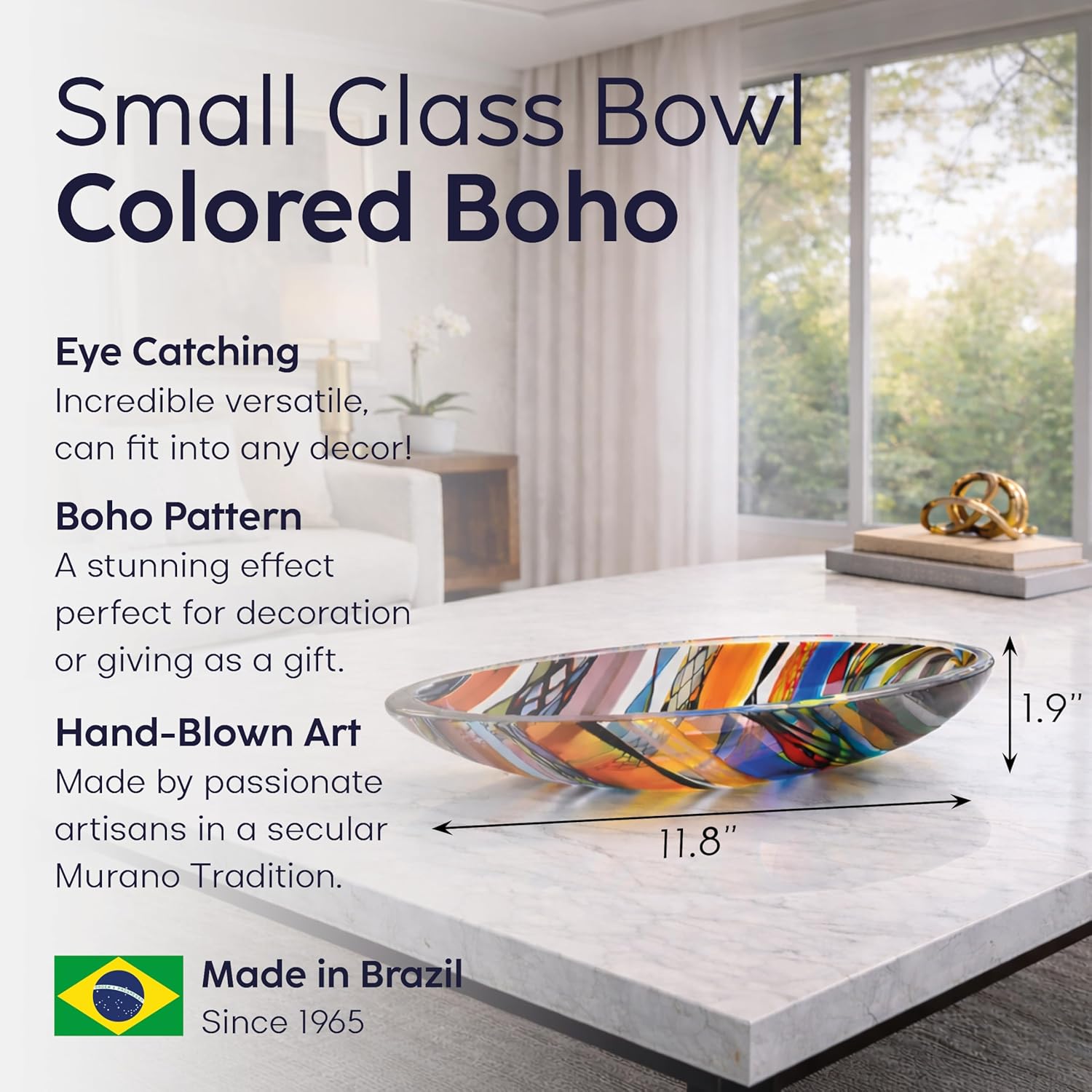 Ca D Oro Murano Style Small Decorative Bowl and Centerpiece Boho with Colored Canes Hand Blown Art Glass Crystal for Home and Room Decoration - 50 MS