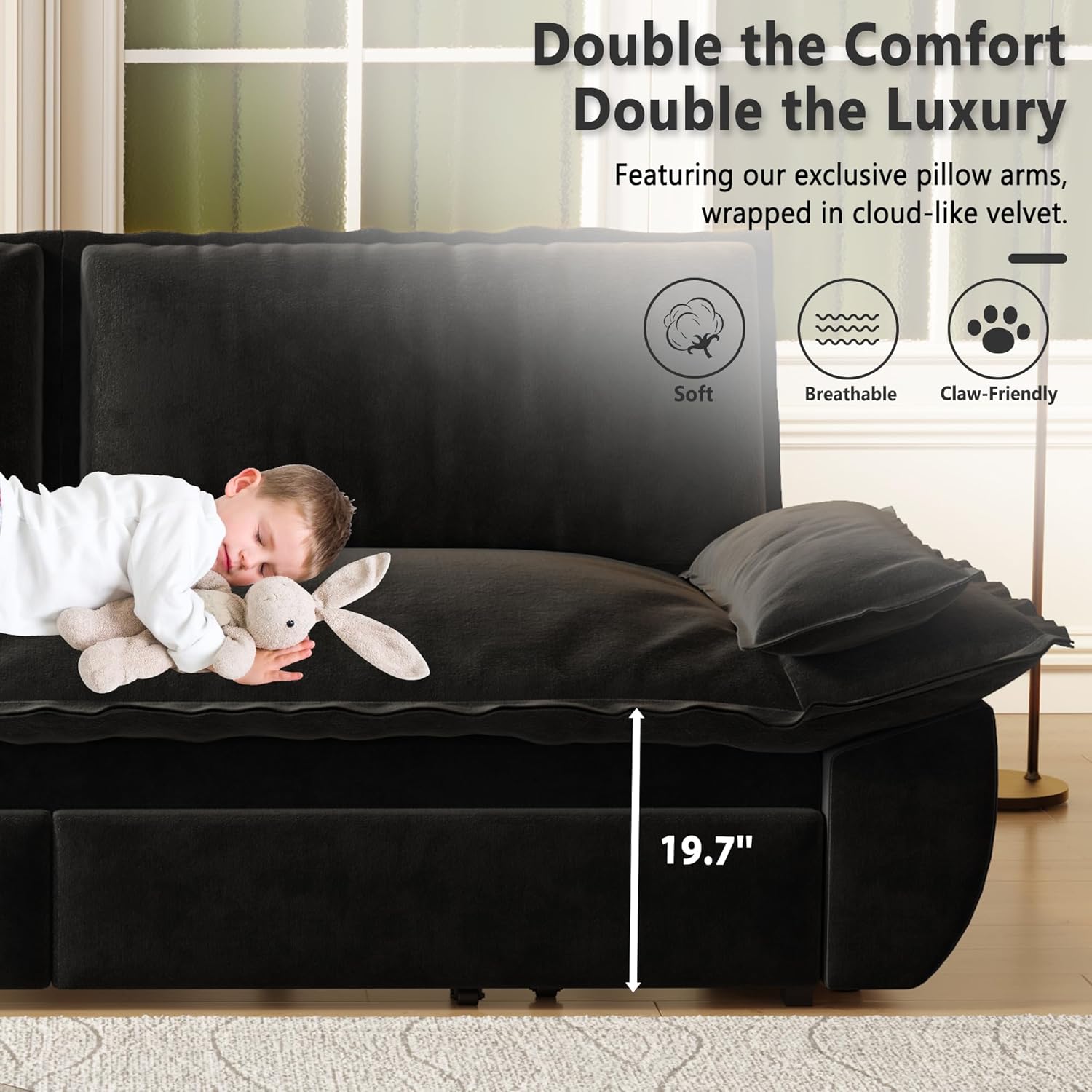 70.1" Futon Sofa Bed Queen Size, Pull Out Bed, 3-in-1 Convertible Sleeper Sofa with 2 Soft Pillows, Modern Velvet Futon Couch for Living Room, Small Space, Apartment, Bedroom, Black 70.1in Black