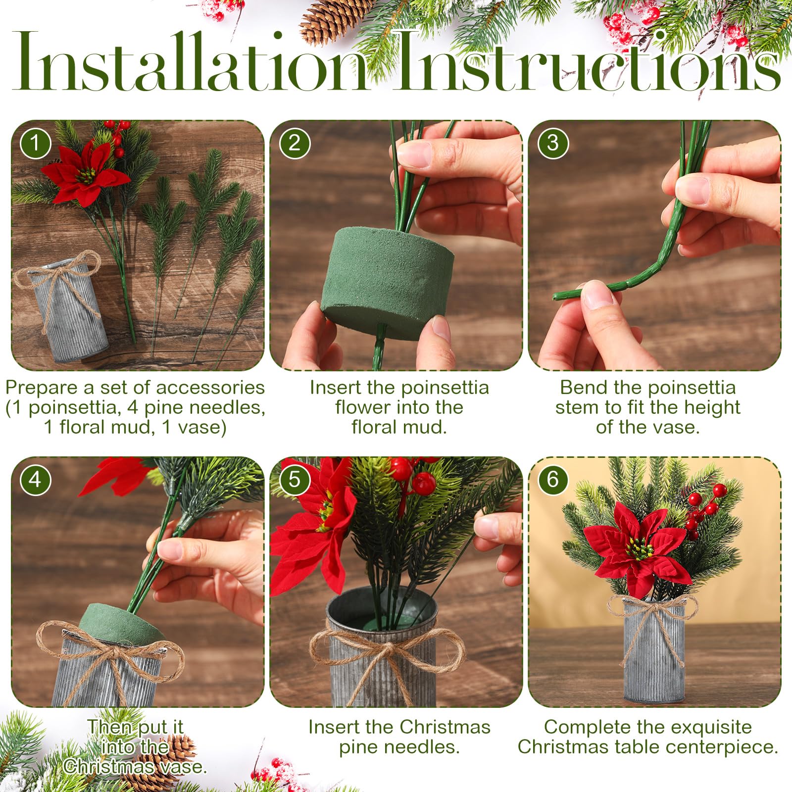 Tioncy Lot de 12 poinsettias artificiels pour table de Noël avec vase en métal - Pics à fleurs de houx rouges - Tiges de pin - Arrangements floraux artificiels pour la maison, la table de fête