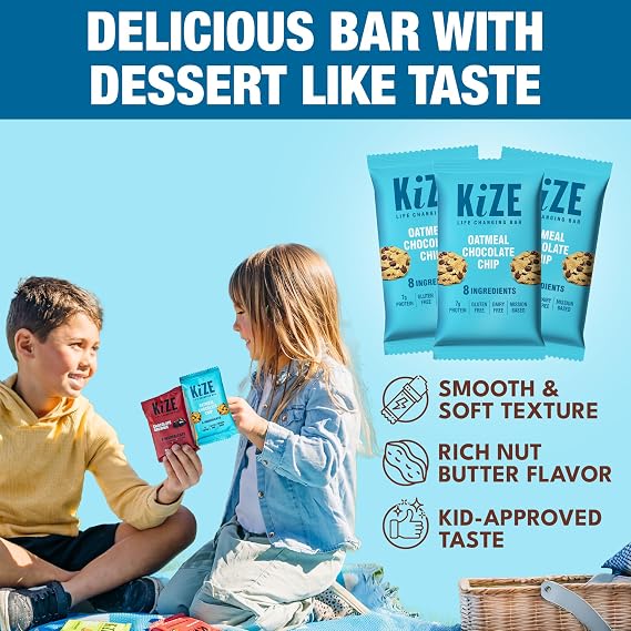 KiZE Energy Bars - Oatmeal Chocolate Chip - 20-Count - Gluten Free, Dairy Free, Non-GMO, and High Protein Meal Replacement Energy Bars, Clean and Simple Food Ingredients - 7g High Protein Snacks (20 Count)