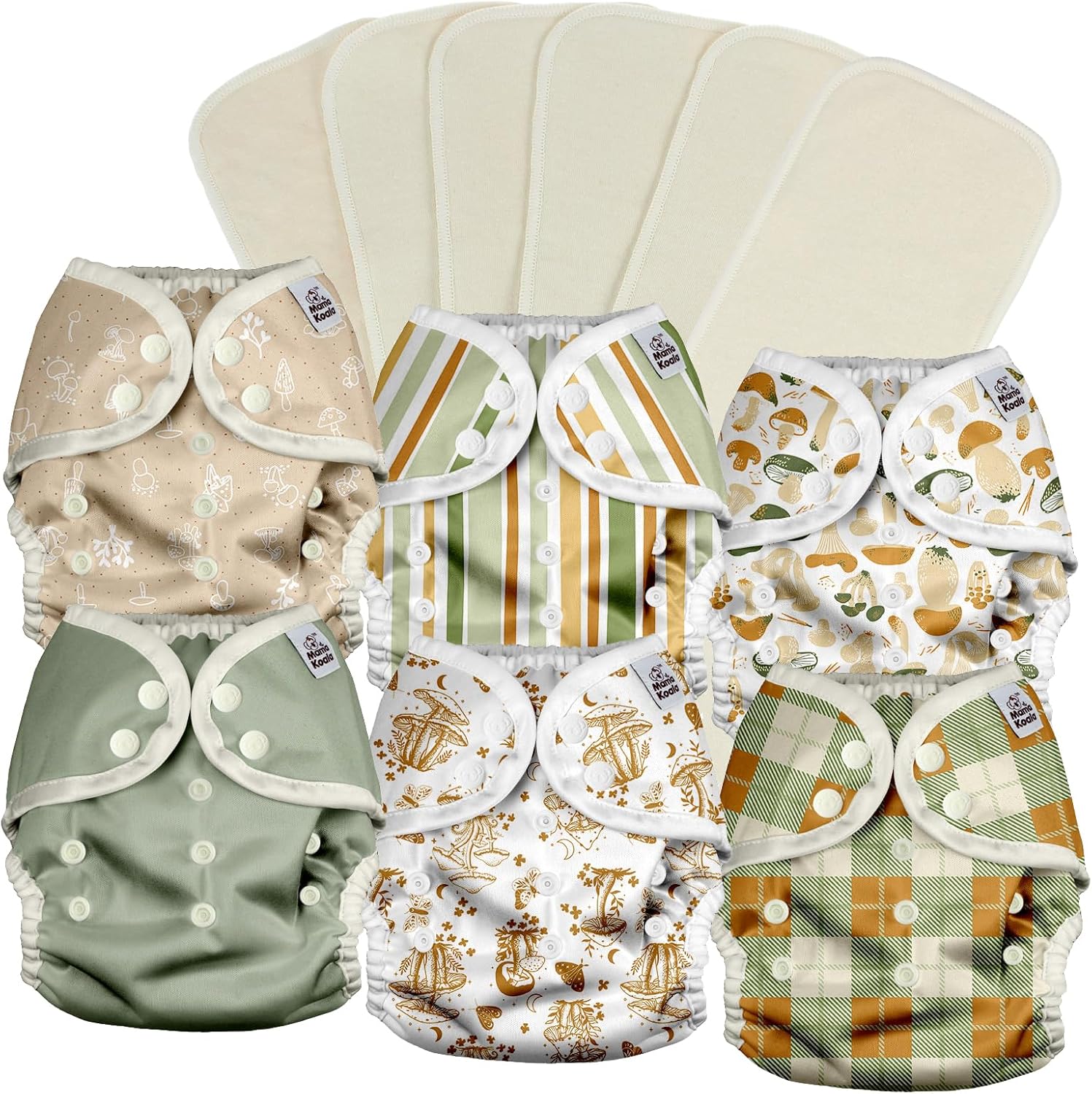 Mama Koala Reusable Adjustable Cloth Diaper Covers Size M,with 6pcs 3-Layer Hemp Cotton Inserts