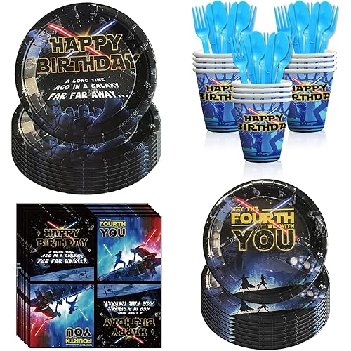 160pcs Star Birthday Decorations, Space Wars Theme Birthday Party Supplies Include Disposable Paper Plates Napkins Set with Cups and Tableware for 20 Guests