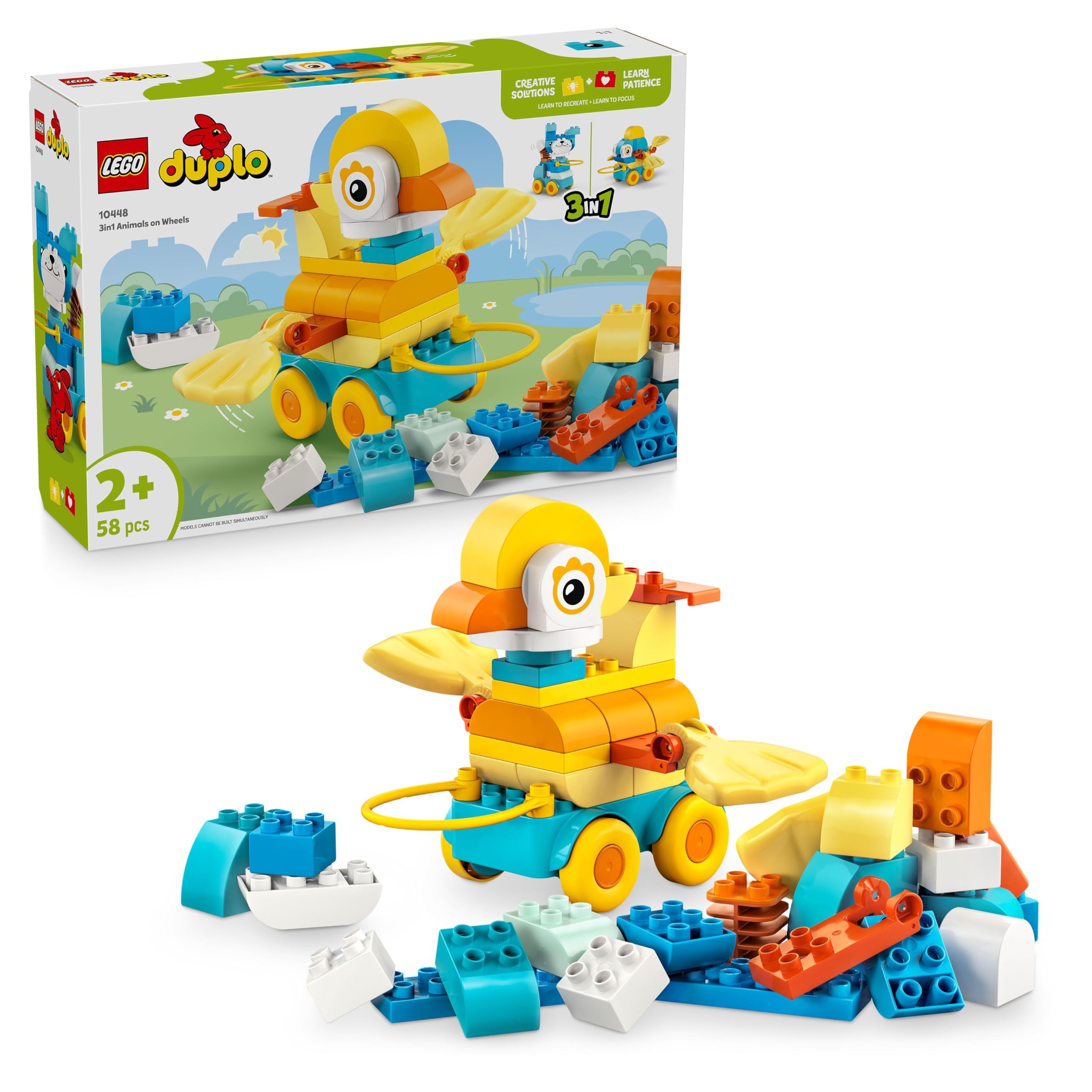 LEGO DUPLO Animali su Ruote 3 in 1 - Gioco Educativo in Mattoncini per Costruire un'Anatra o un Pesce o un Cane Giocattolo con Ruote e Maniglia - Regalo per Bambine e Bambini da 2 Anni in su - 10448