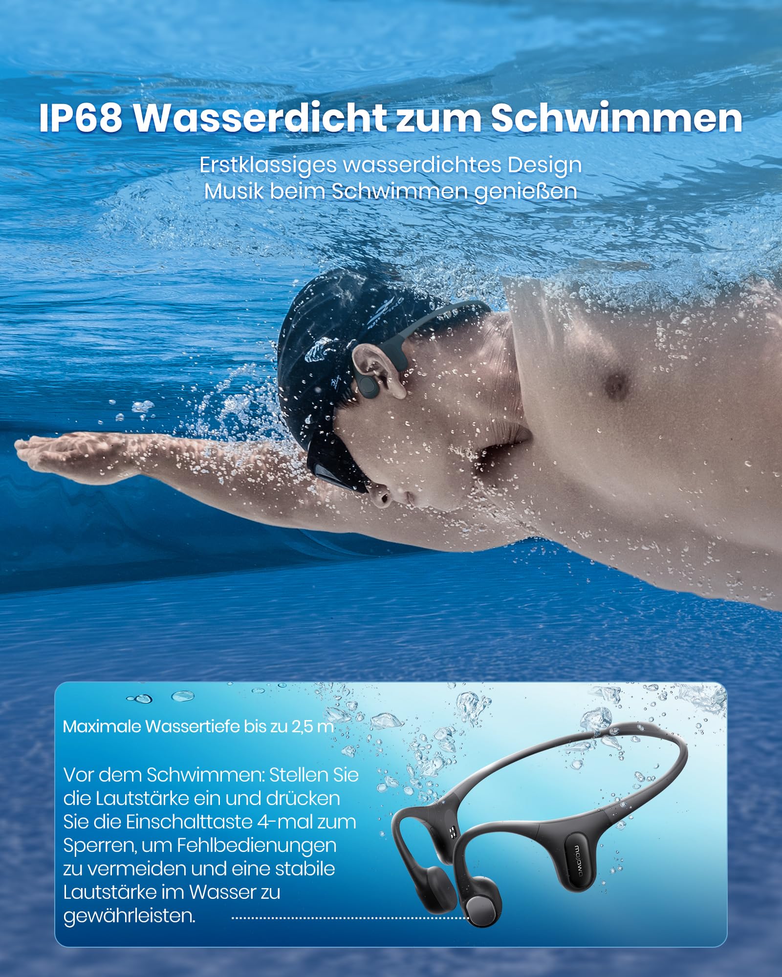 mojawa Run Plus New Knochenschall Kopfhörer Schwimmen mit 32GB MP3-Player, IP68 Wasserdicht Bluetooth 5.2, Open-Ear Sport-Headset, ENC-Mikrofon für klare Anrufe, für Laufen, Radfahren & Surfen