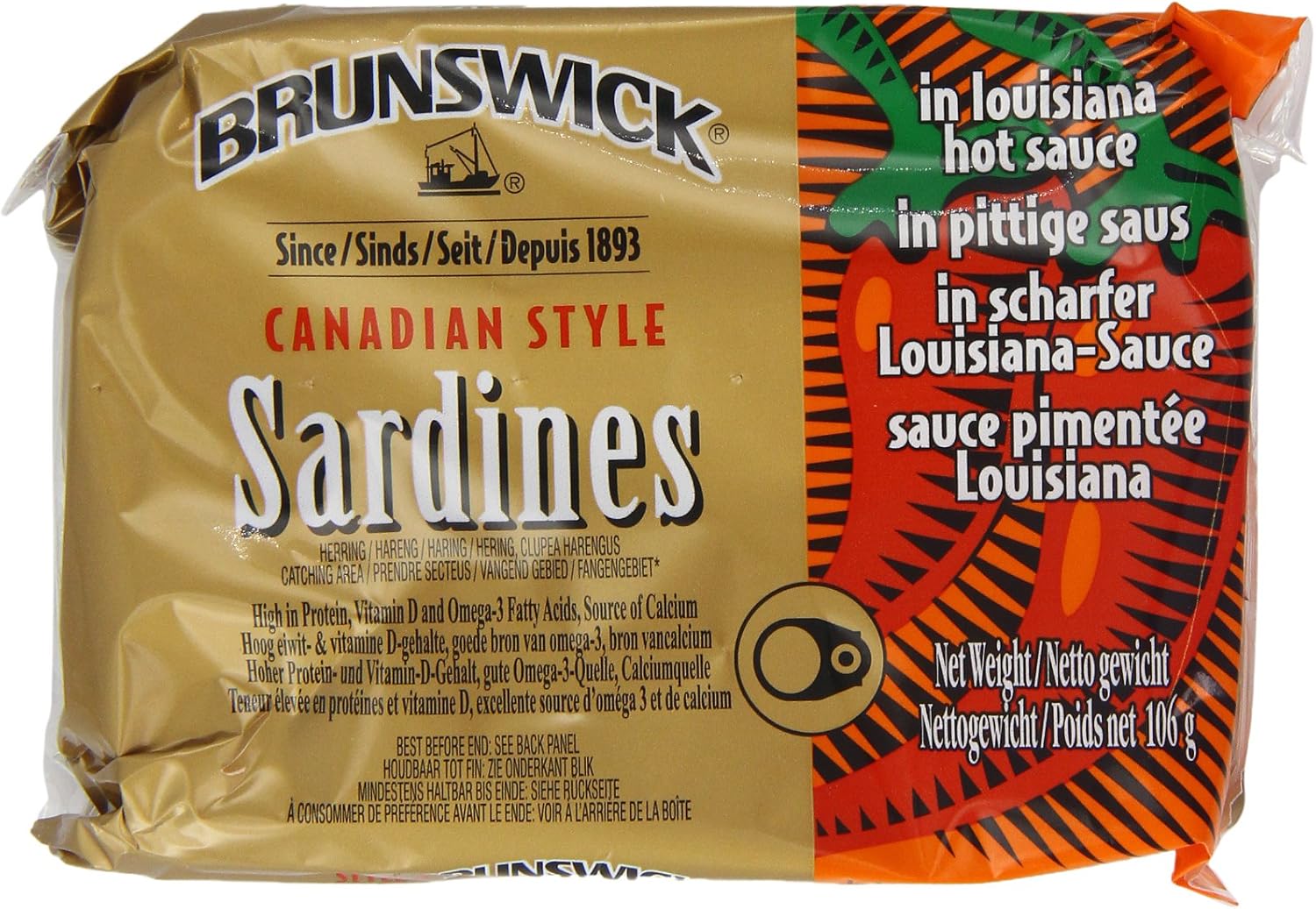 Brunswick Canadian Style Sardines in Louisiana Hot Sauce 106 g (Pack of