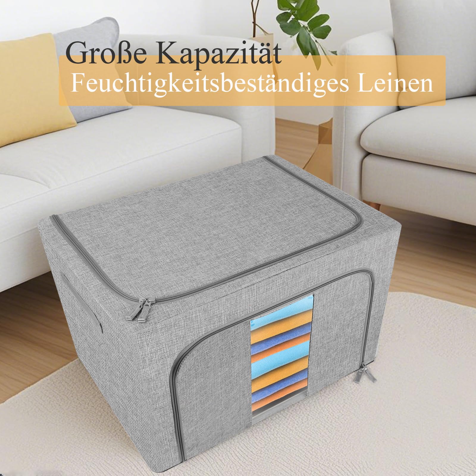 Aufbewahrungsbox 100L 2er Set, Leinenstoff mit Metallrahmen, faltbar mit transparentem Fenster, dichtem Reißverschluss & Griffen, staub- & feuchtigkeitsbeständig für Kleidung, Bettwäsche