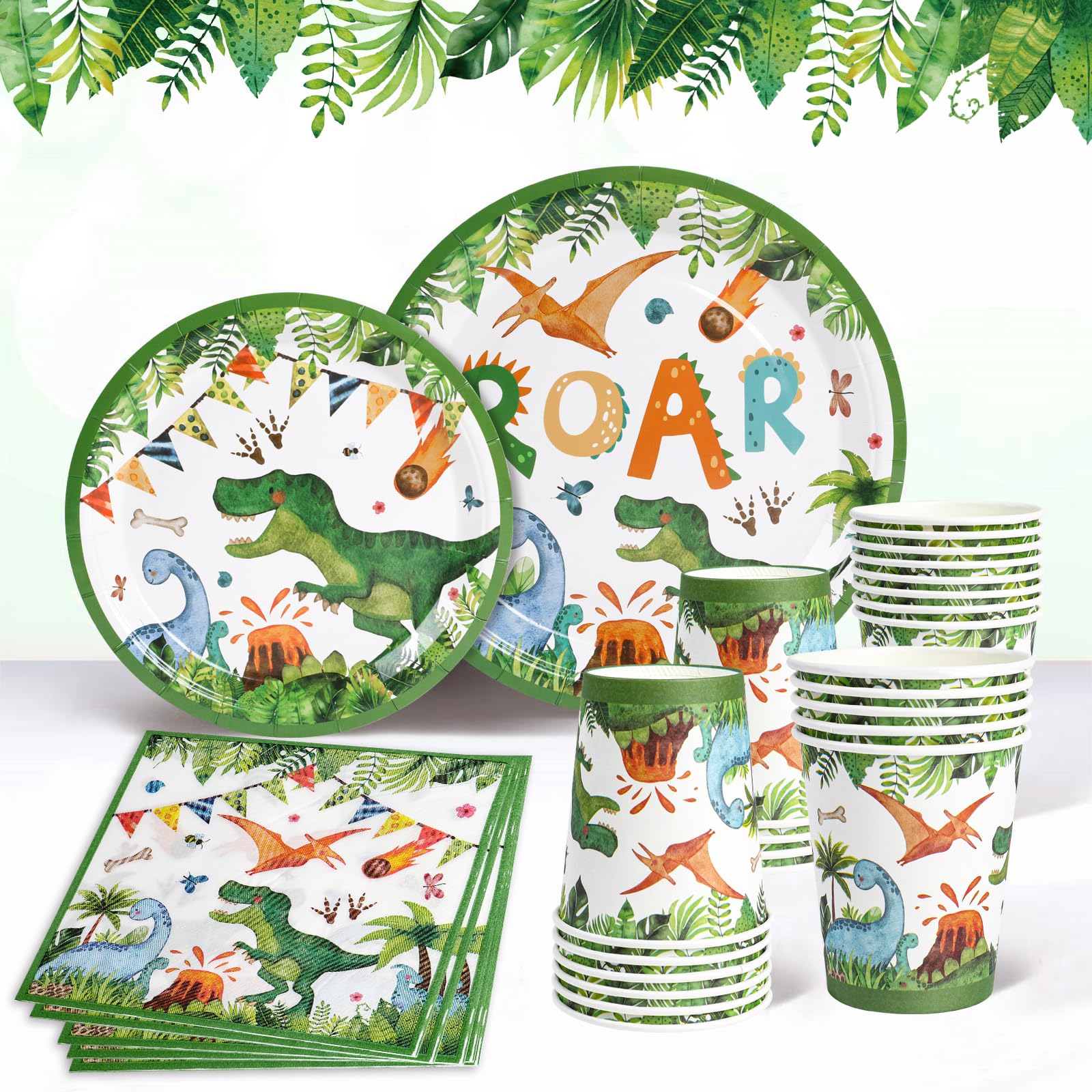 Dinosaur Paper Plates Cups and Napkins Set - 96pcs Dinosaur Party Tableware Set, Dinosaurs Themed Plates Cups Napkins, Disposable Dino Tableware for ROAR Decoration, Birthday Decoration Boy(24 Guests) — image 1