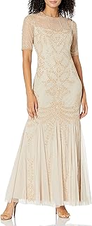 Adrianna Papell Women's Petite Beaded Round Neck Elbow...