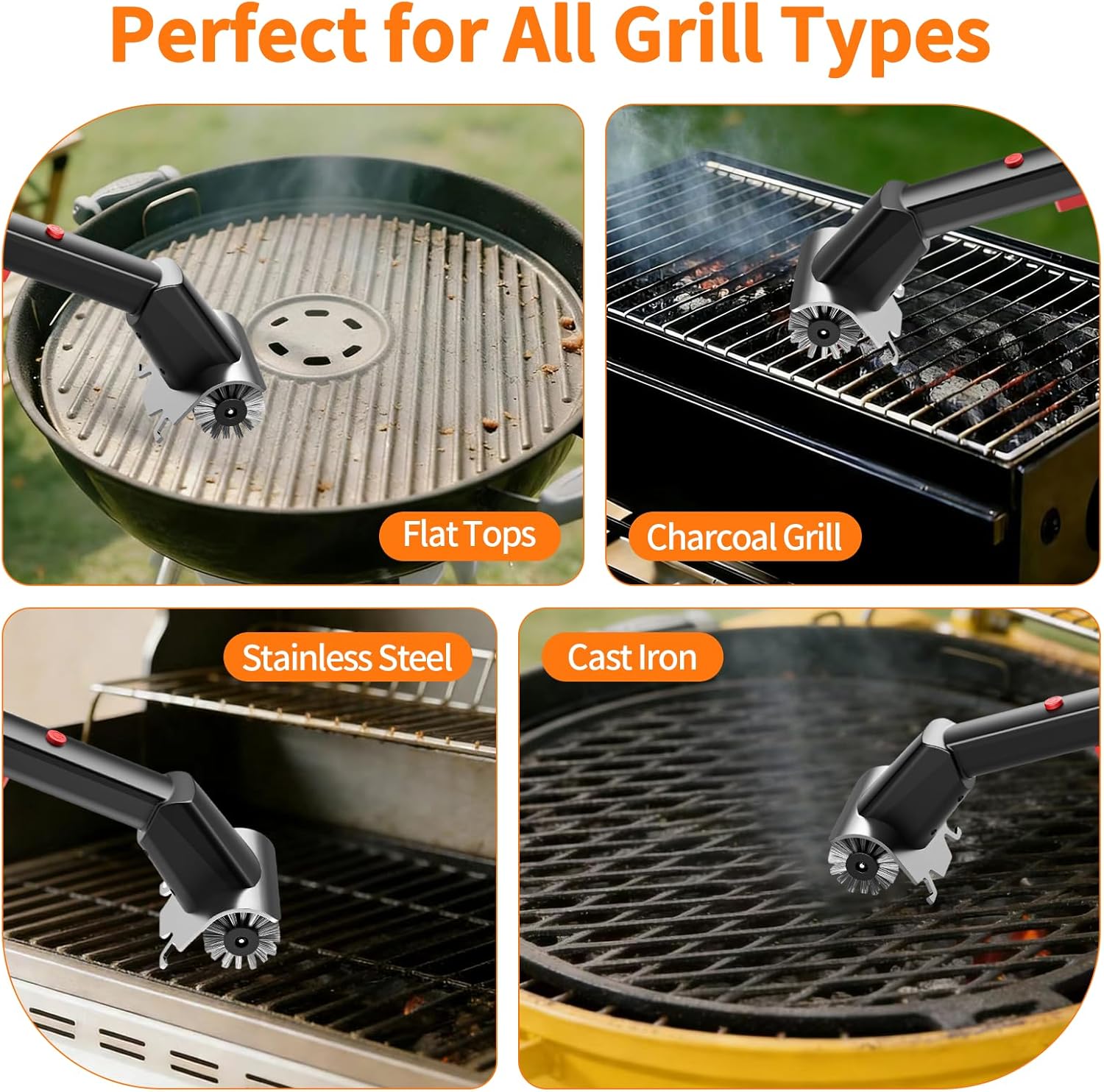 Electric Grill Brush with Water Spray & LED Light, 2600mAh Rechargeable BBQ Cleaner with 2 Speed Modes, 100 Mins Runtime, 304 Stainless Steel Heat Resistant Grill Brush for Outdoor Camping