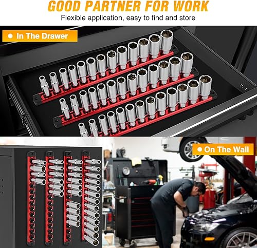 Vista 29 de GOOACC Organizador magnético de enchufes de 1/4 de pulgada, 2 piezas de soporte métrico SAE, bandeja organizadora de enchufes de 1/4 de pulgada