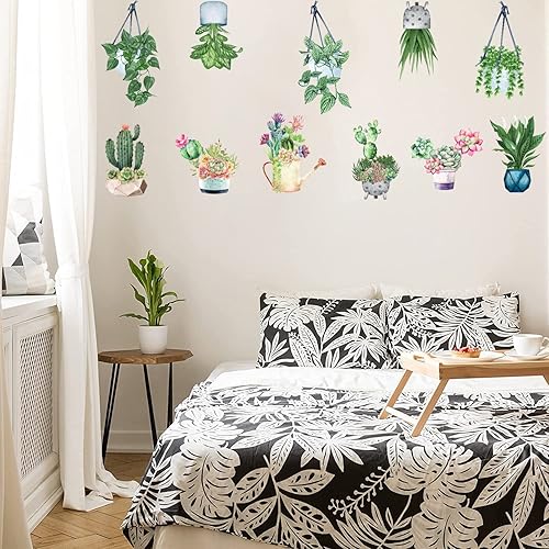 Miniatura 3 de IARTTOP Calcomanía de pared de plantas en maceta de primavera, flores verdes, plantas en maceta, calcomanías de pared para colgar plantas en macetas