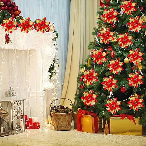 Miniatura 6 de 20 flores de Pascua artificiales con purpurina de 5.5 pulgadas, decoración de árbol de Navidad, adornos de Navidad con purpurina con clips,