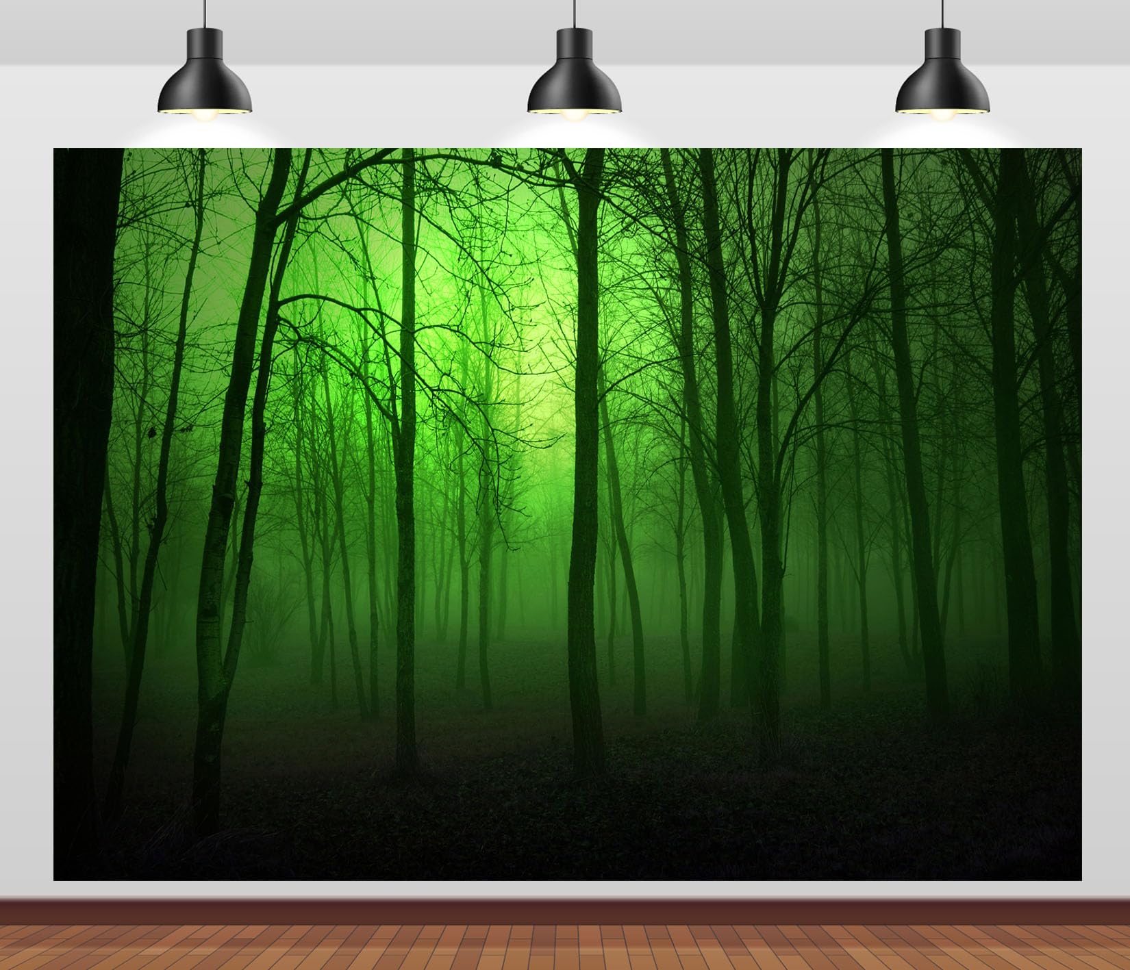 10x6.5FT (3x2m) Foresta Nebbiosa Verde Neon Sfondo Fotografico | Silhouette Di Bosco Inquietante Fondale In Tessuto,Alberi Alti Spogli,Per Feste Halloween E Ritratti Spaventosi,Photo Booth