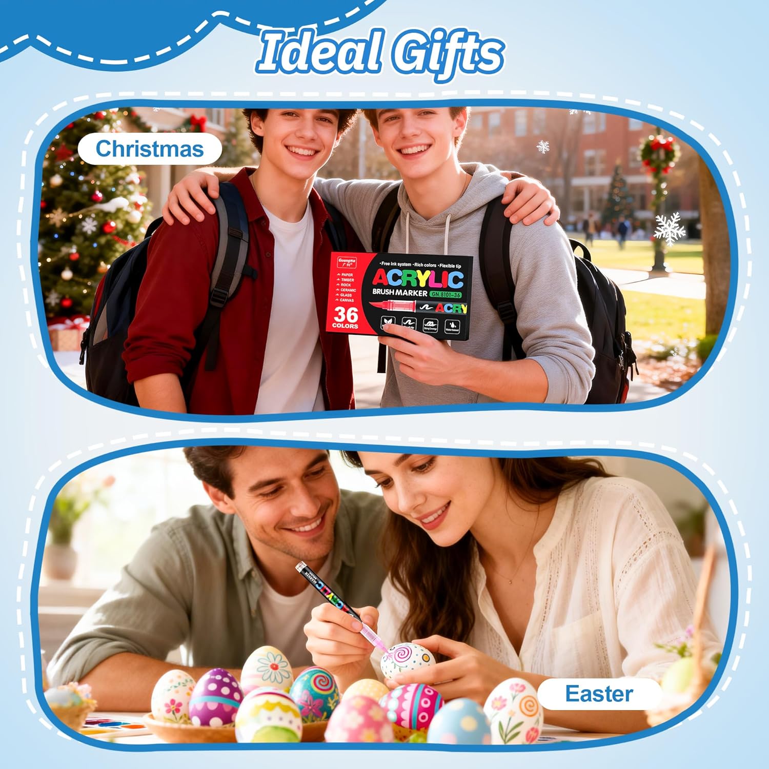 Guangna Acrylic Paint Markers Brush Tip, 36 Vivid Colors with Direct-Liquid Ink Control System, Professional-Grade Paint Pen for Rock Painting, Canvas, Glass, Plastic, Fabric, Eggs