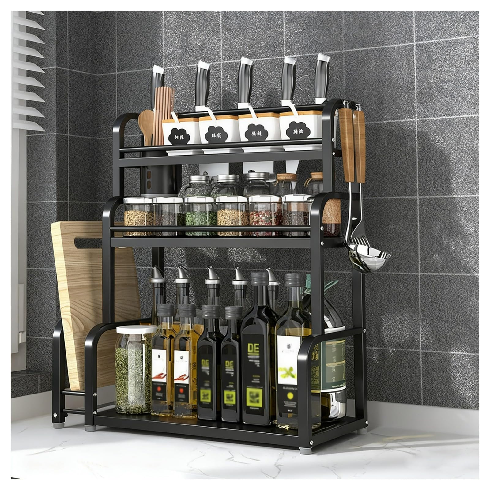 TIANQIHAO Stainless Steel Spice Rack For Kitchen, Large Standing Storage Tray With Hooks And Utensil Holders, Nizer For Pantry And Bathroom,3 Tier-40cm/15.7in